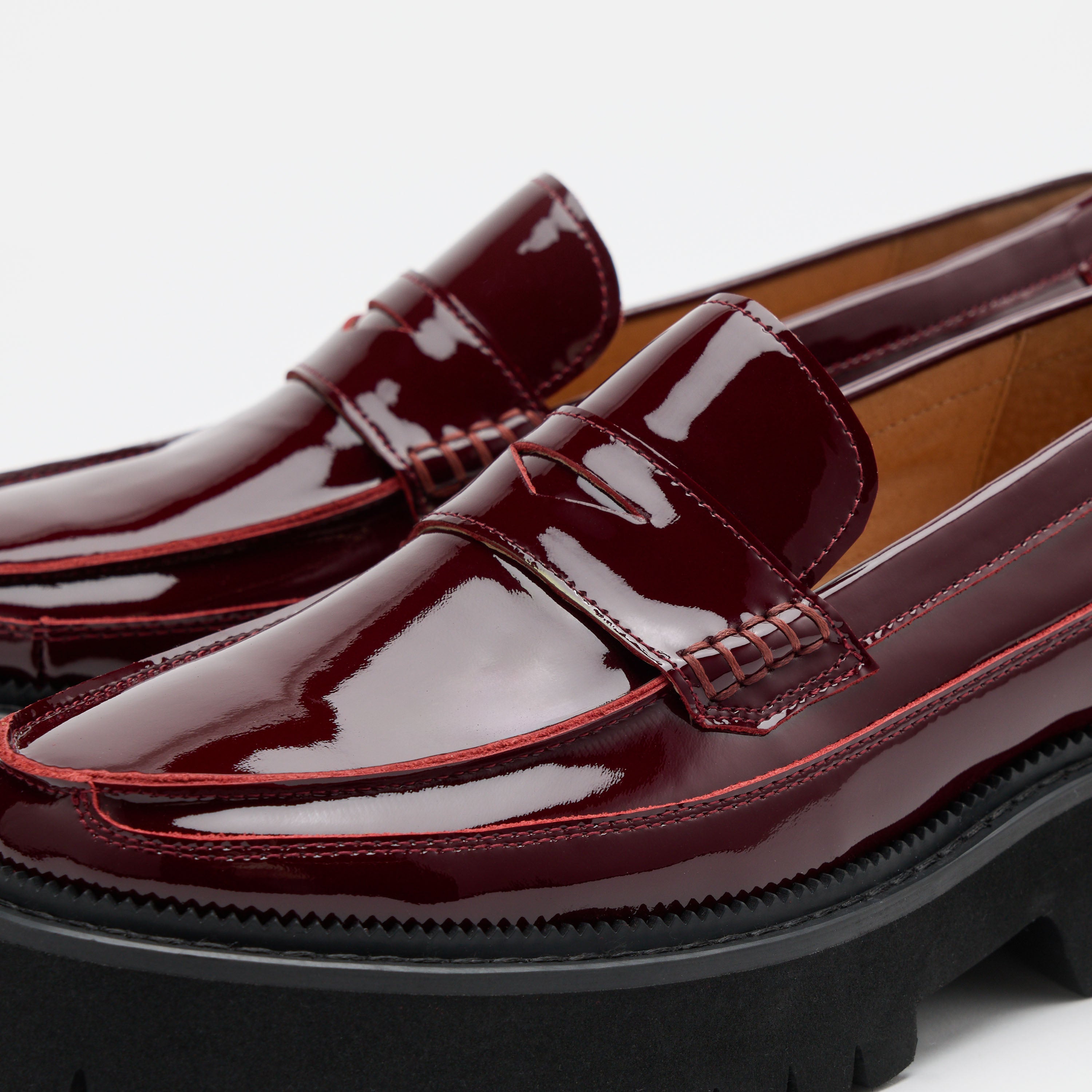 Ms. Adler Wine Red Patent Leather Lug Penny Loafers