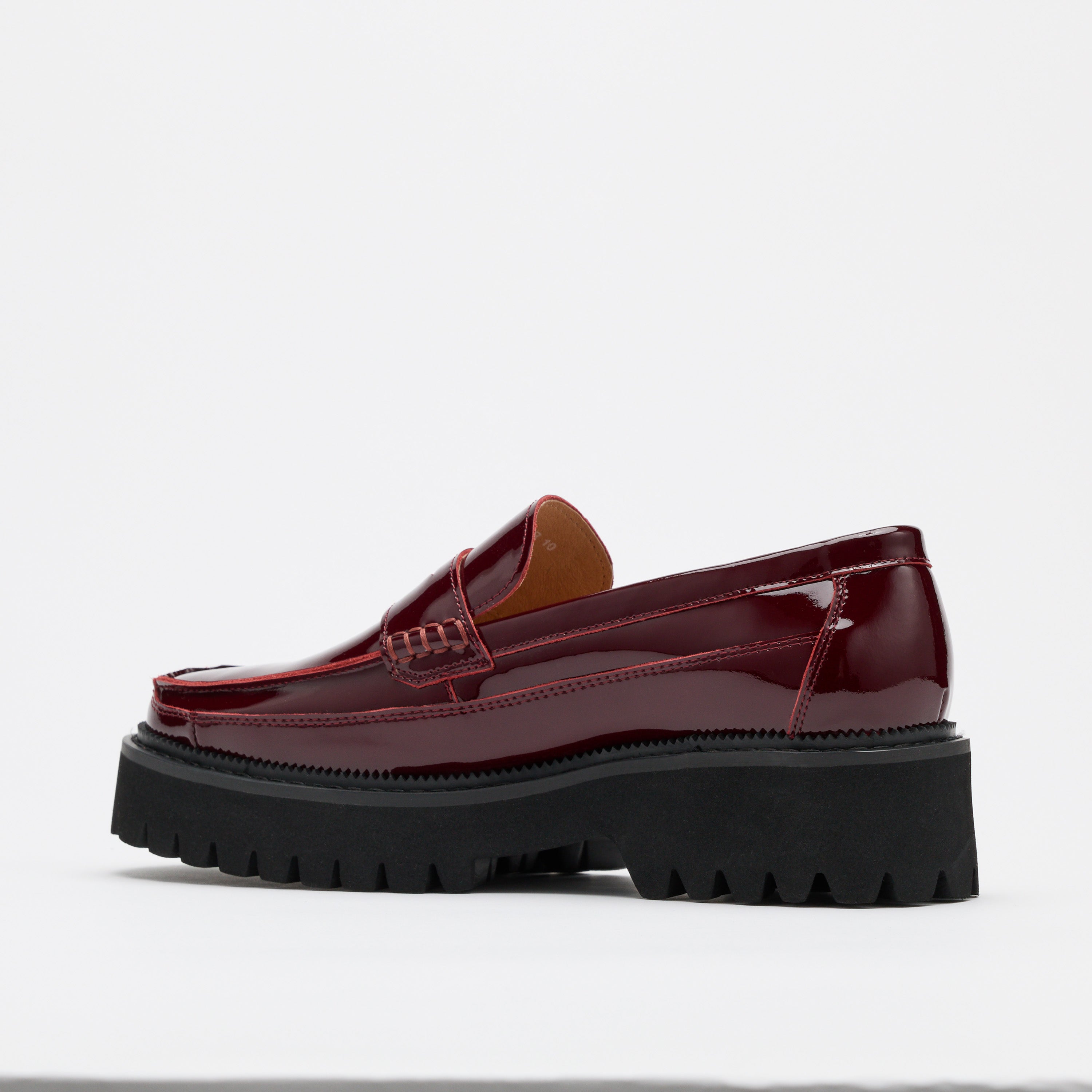 Ms. Adler Wine Red Patent Leather Lug Penny Loafers