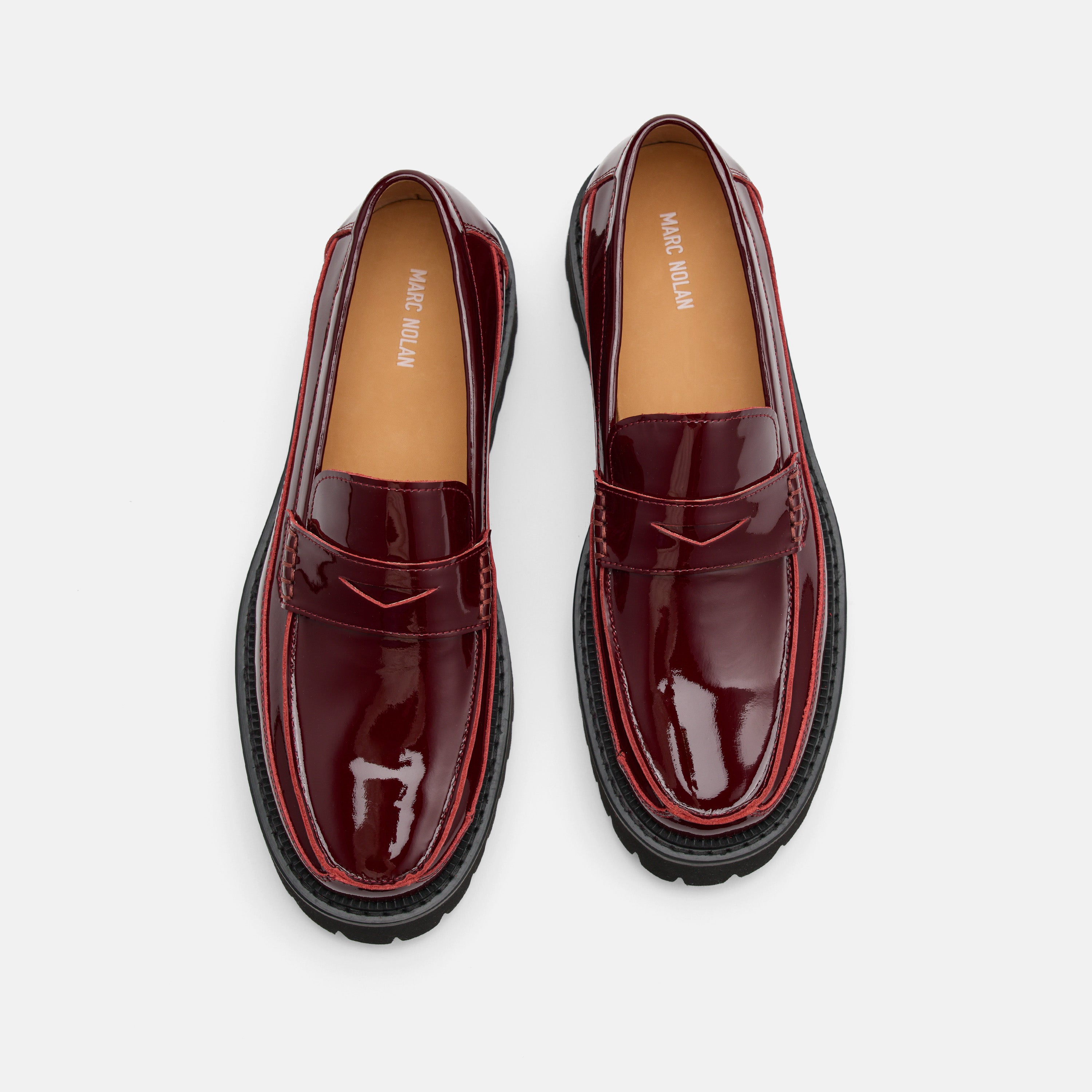 Ms. Adler Wine Red Patent Leather Lug Penny Loafers