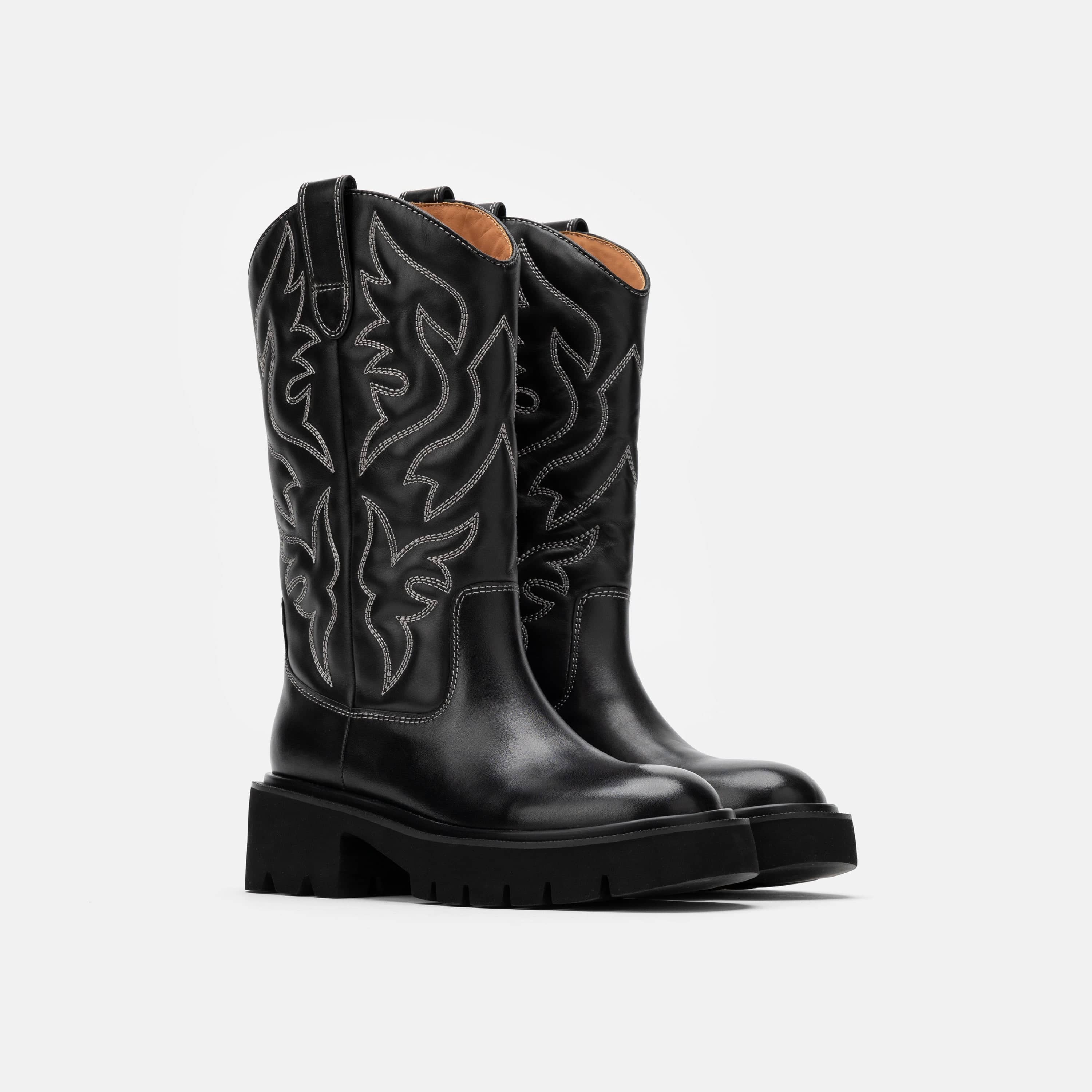 Daisy Black Leather Lug Cowgirl Boots