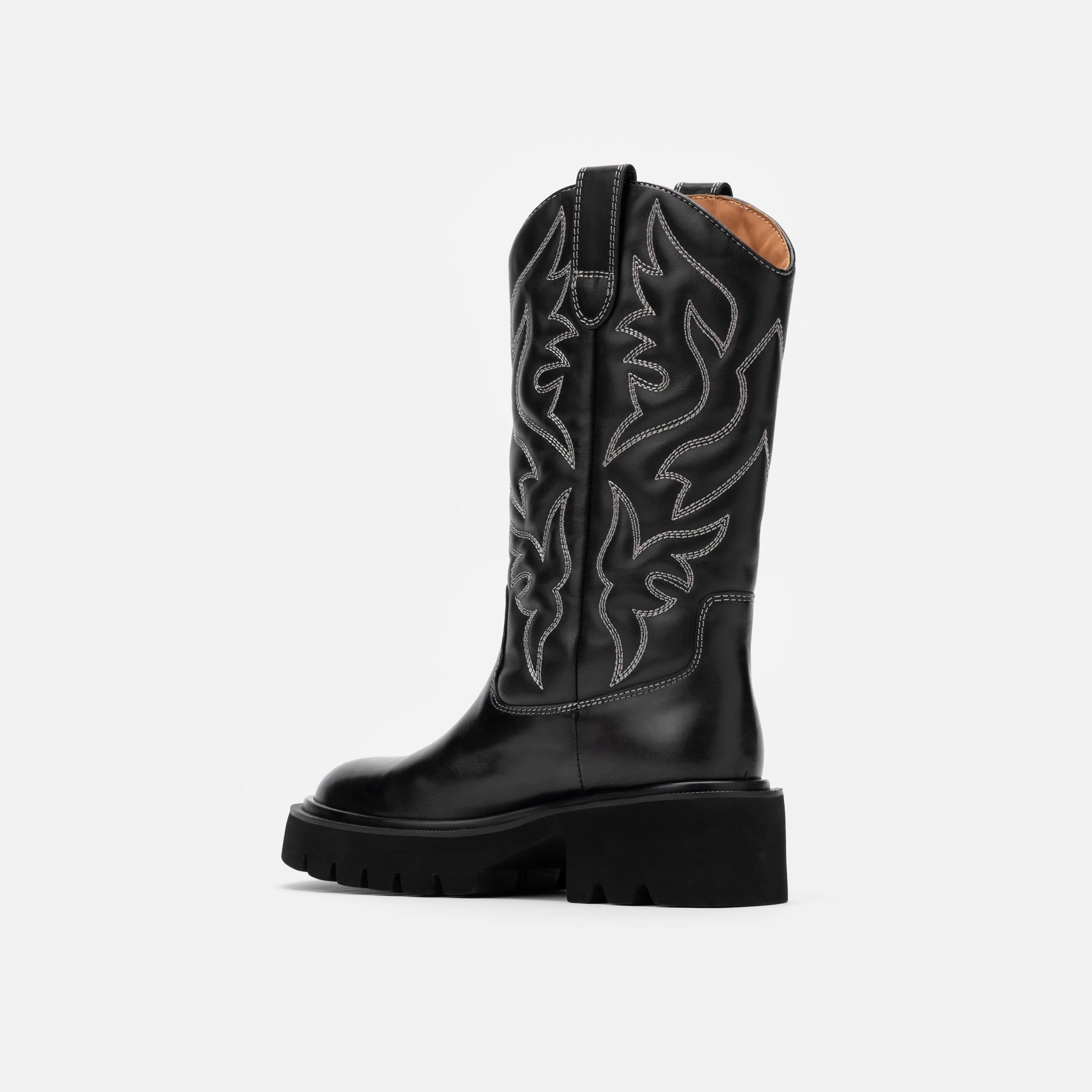 Daisy Black Leather Lug Cowgirl Boots