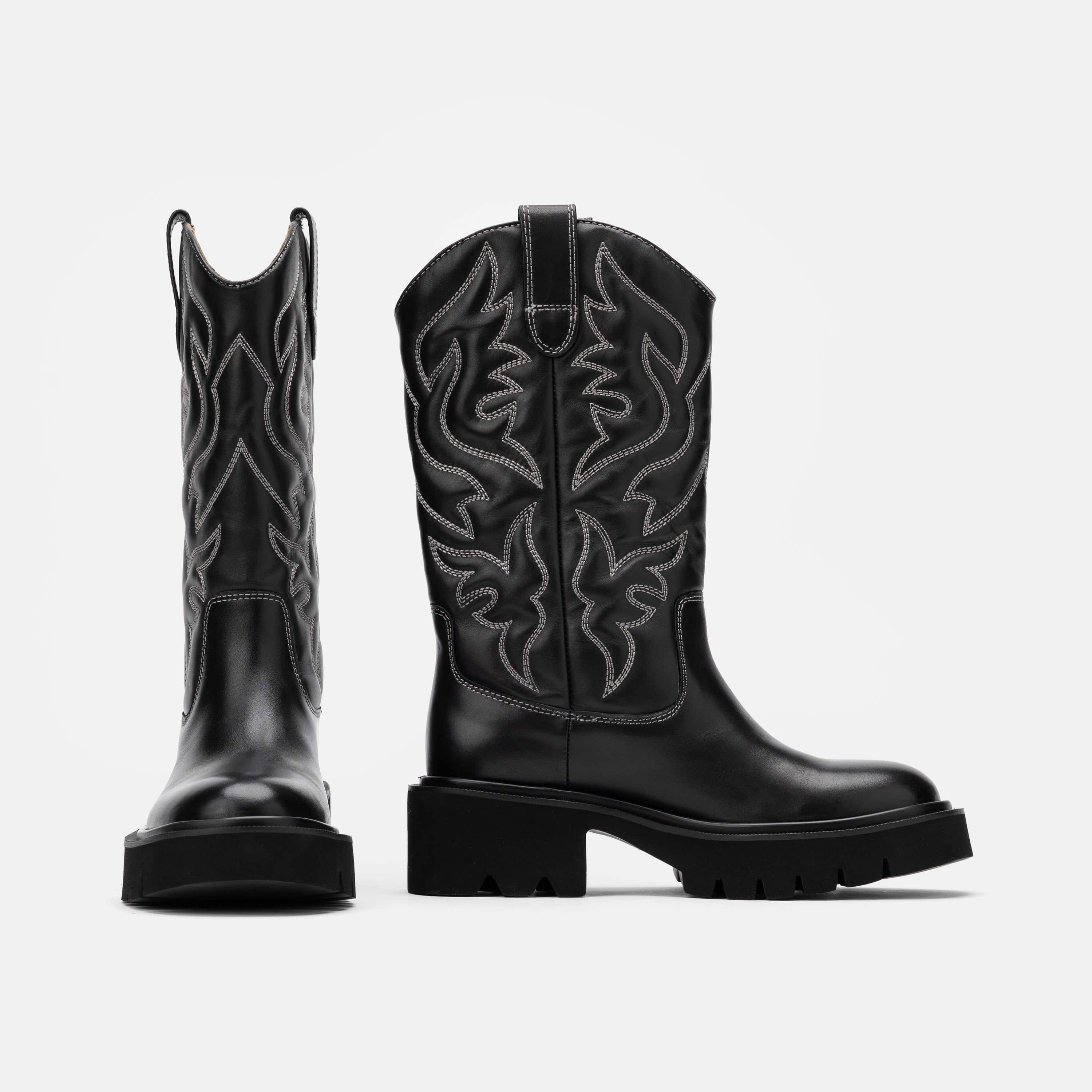 Daisy Black Leather Lug Cowgirl Boots