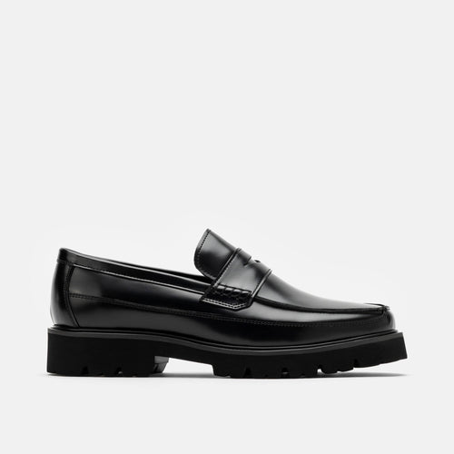 Adler Black Leather Lug Penny Loafers