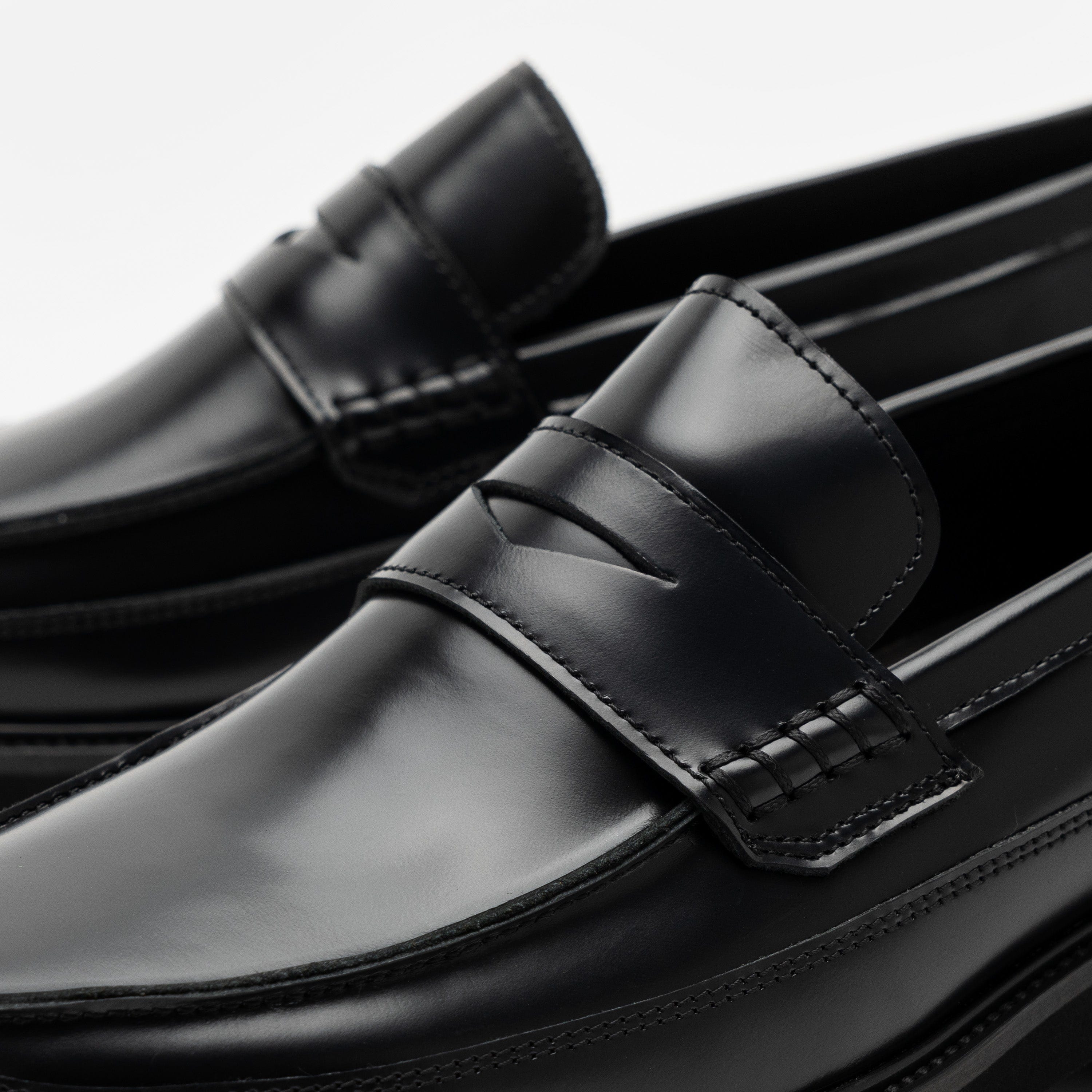 Adler Black Leather Lug Penny Loafers