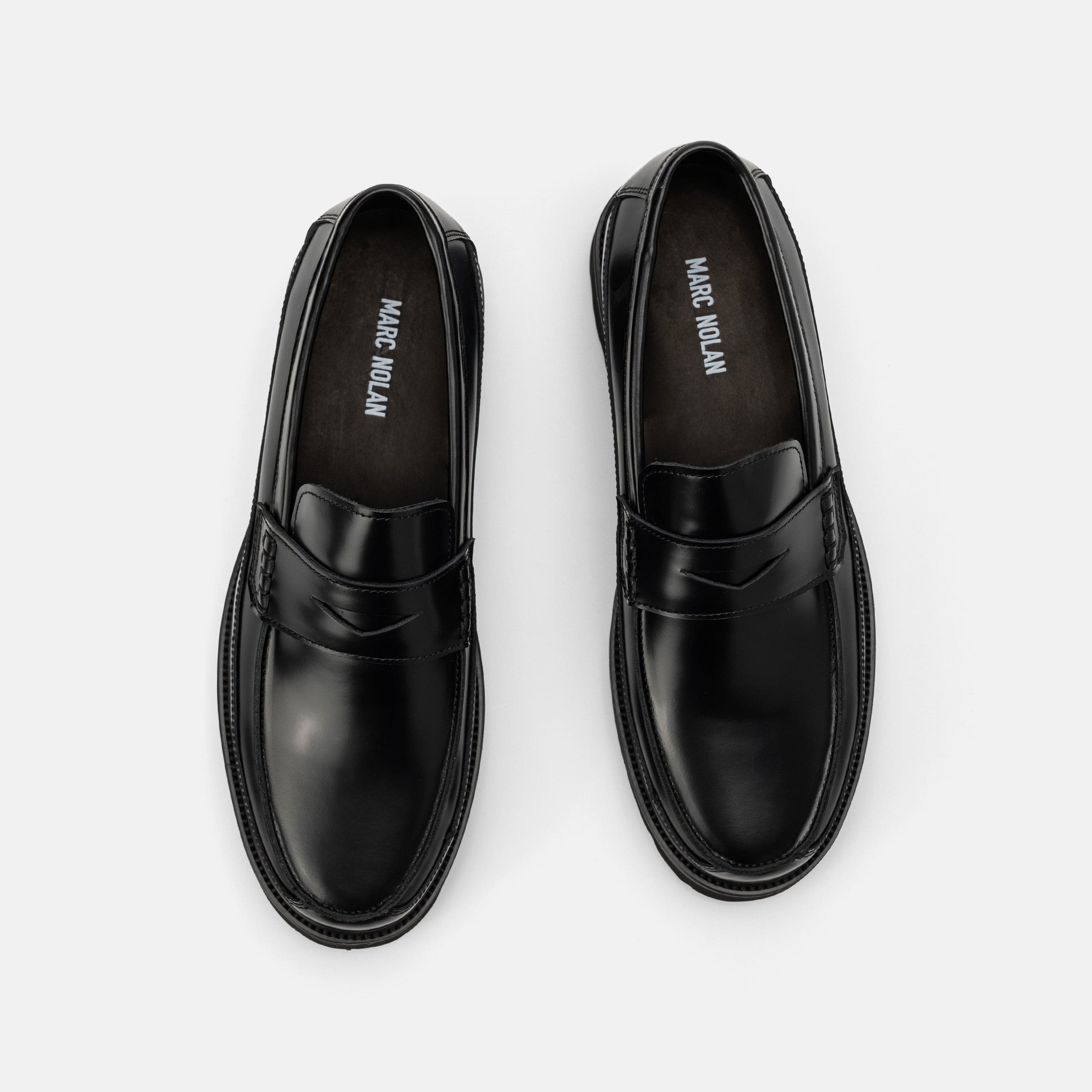 Adler Black Leather Lug Penny Loafers