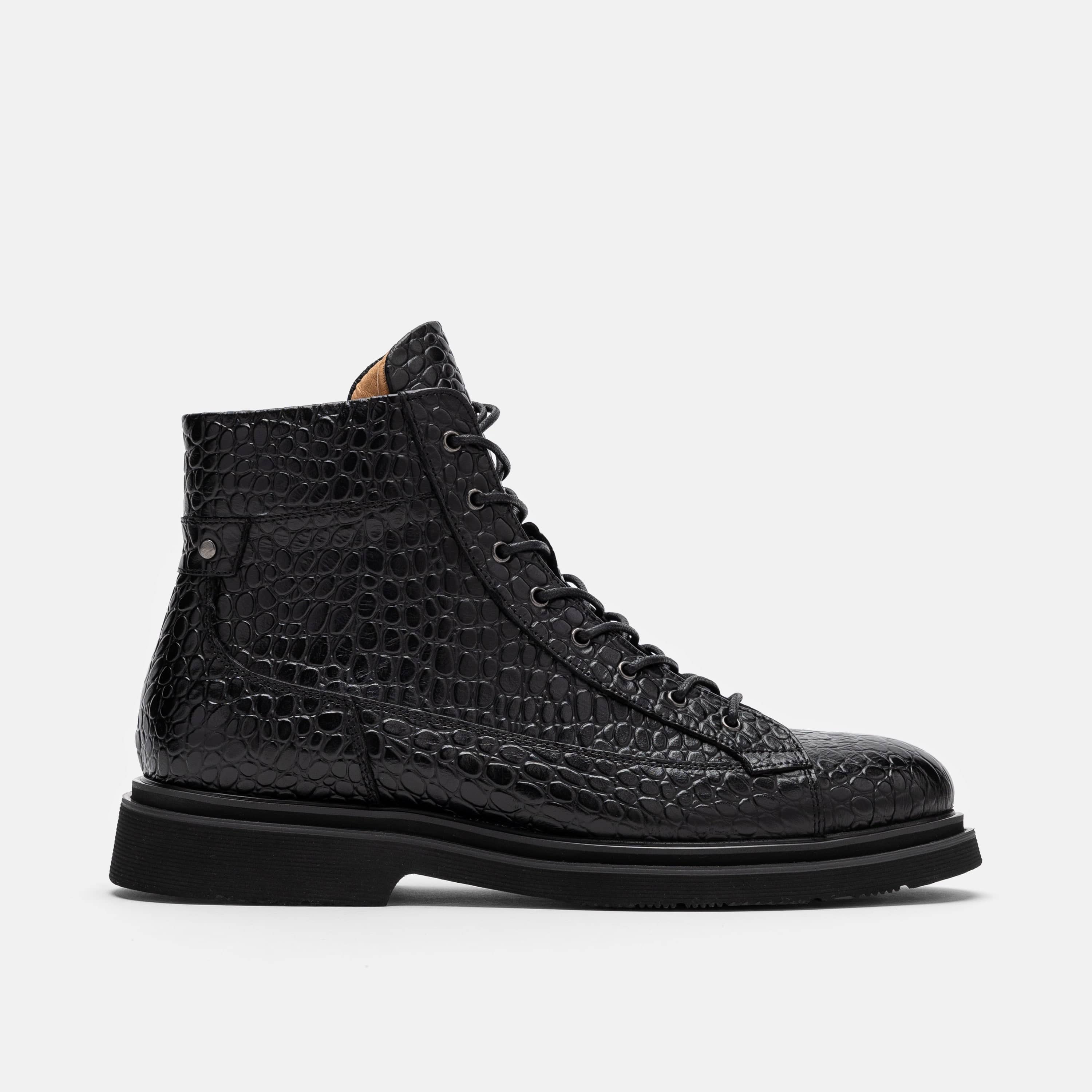 Aiden Black Croc Leather Combat Boots