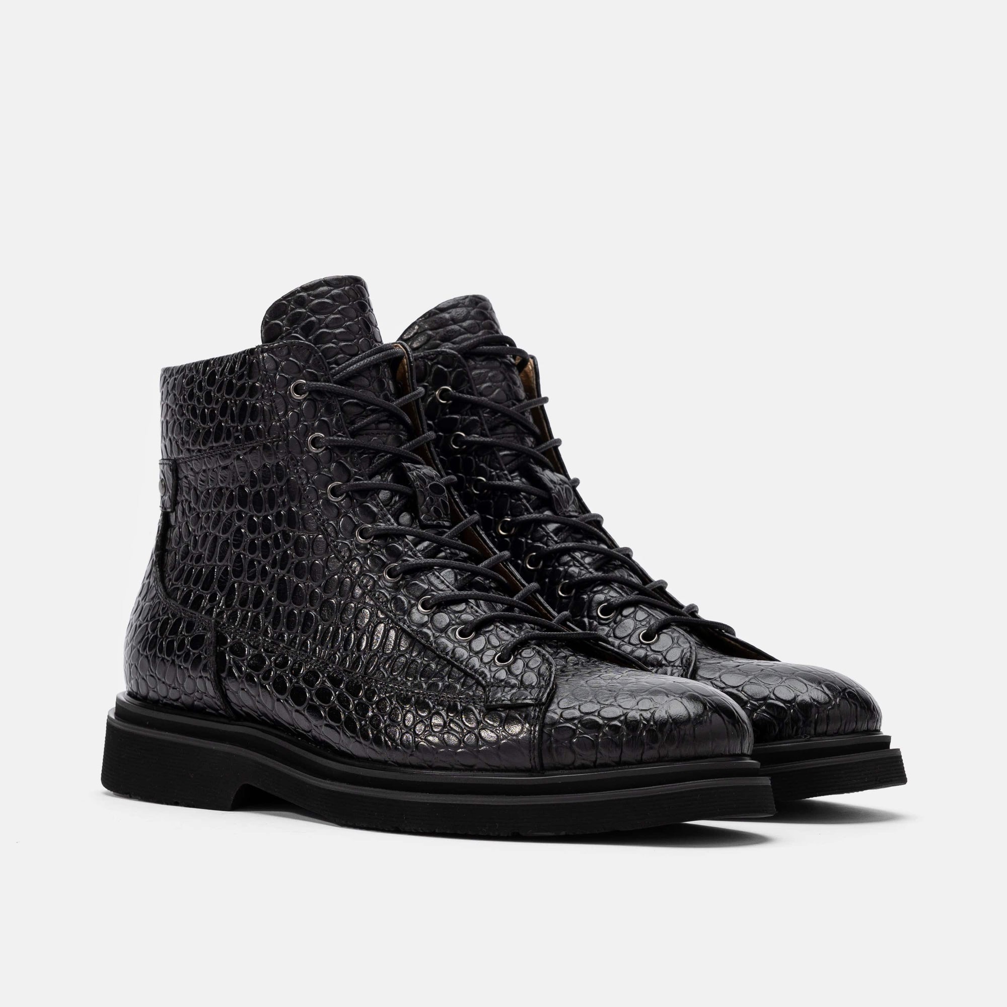 Aiden Black Croc Leather Combat Boots