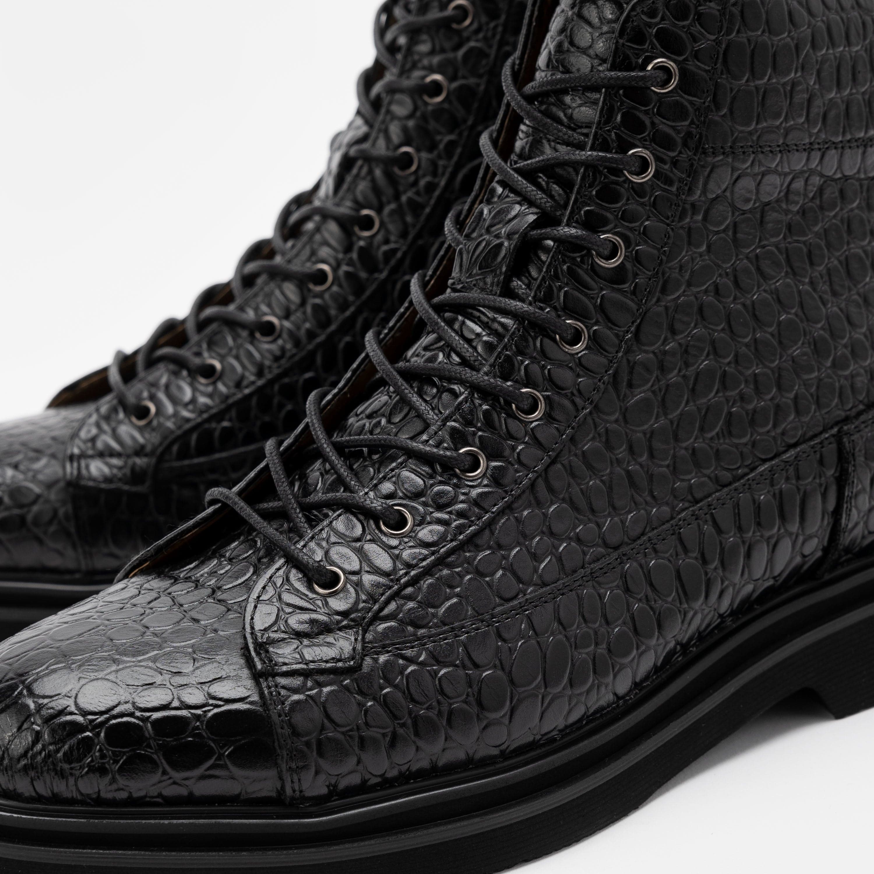 Aiden Black Croc Leather Combat Boots