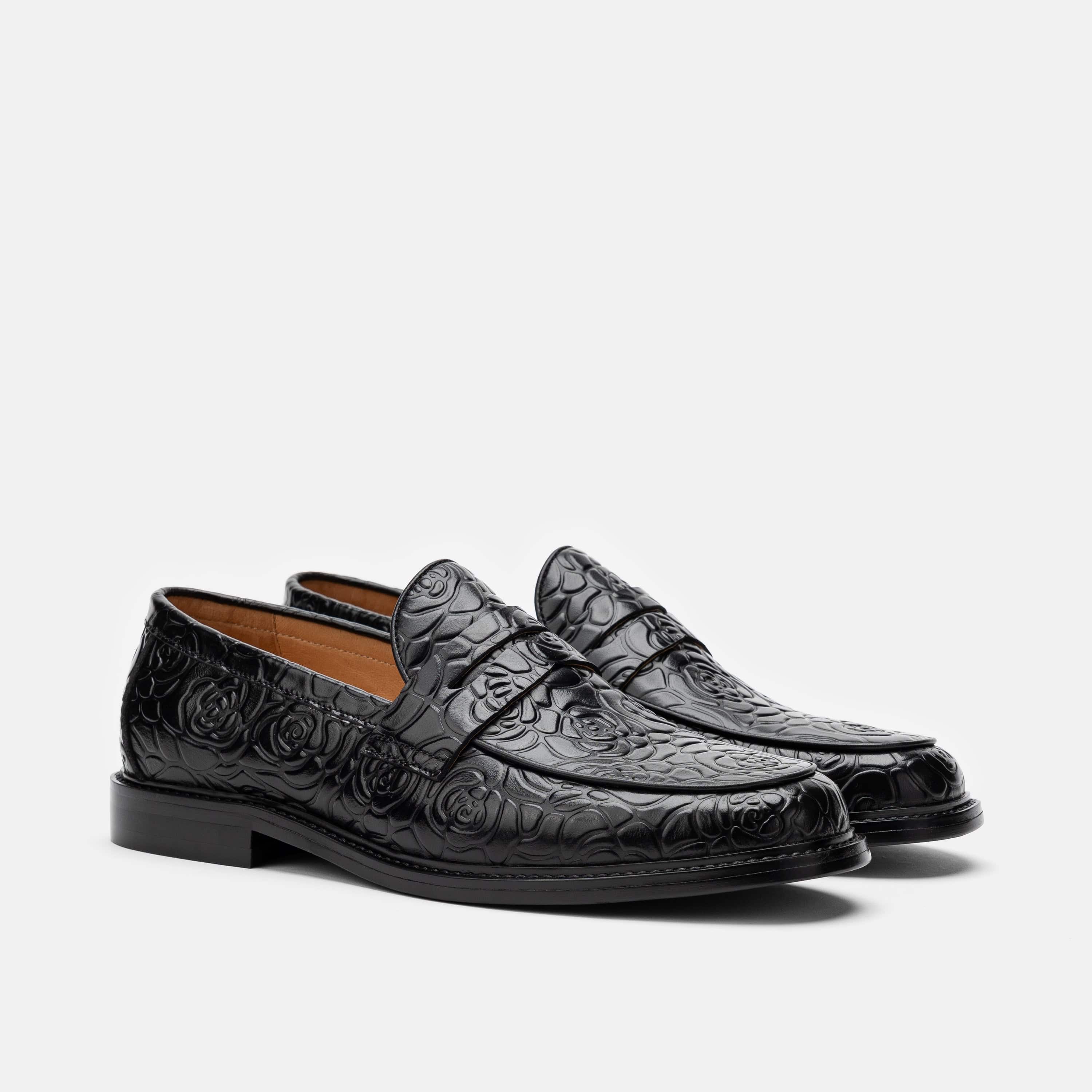 Calum Black Floral Leather Penny Loafers