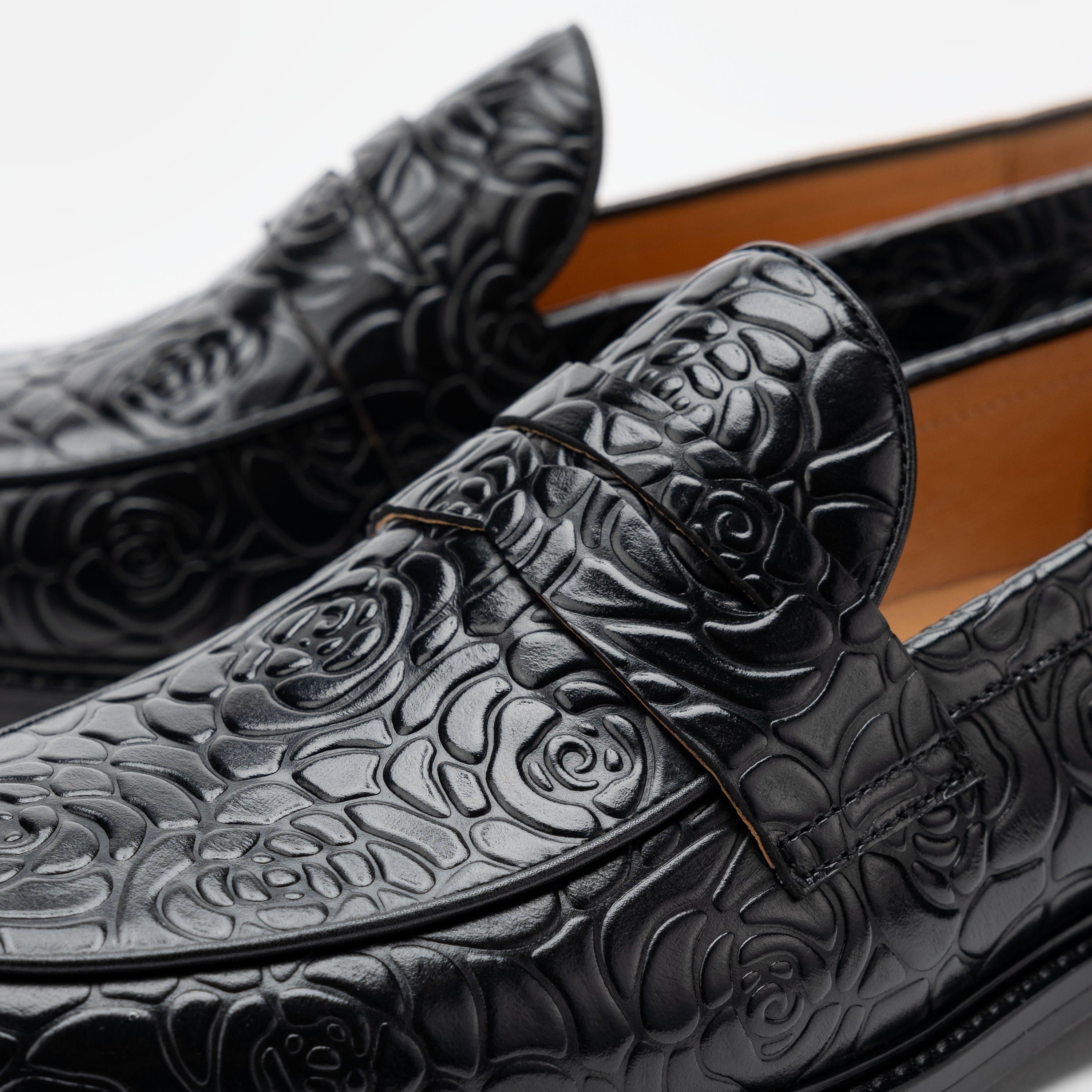 Calum Black Floral Leather Penny Loafers