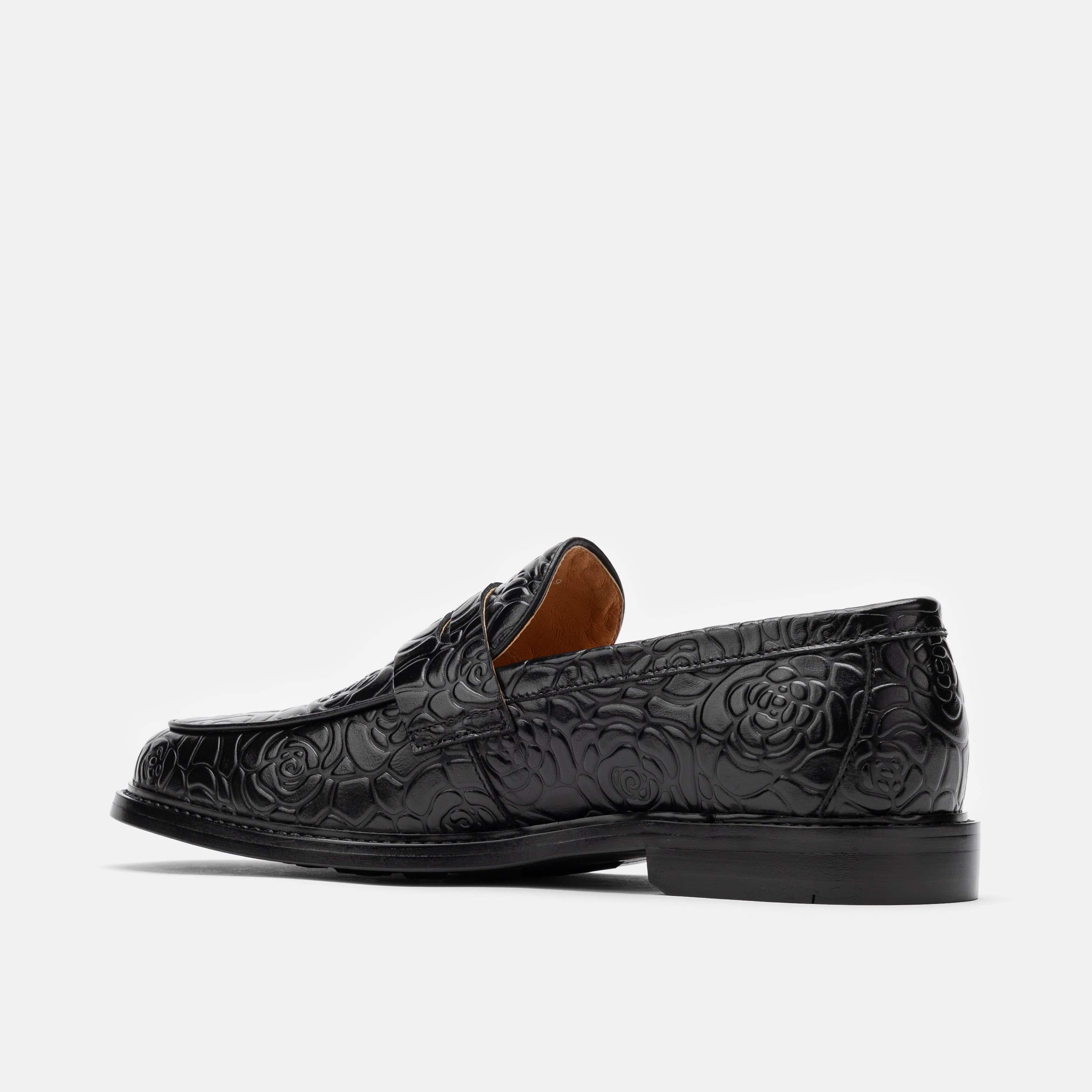 Calum Black Floral Leather Penny Loafers