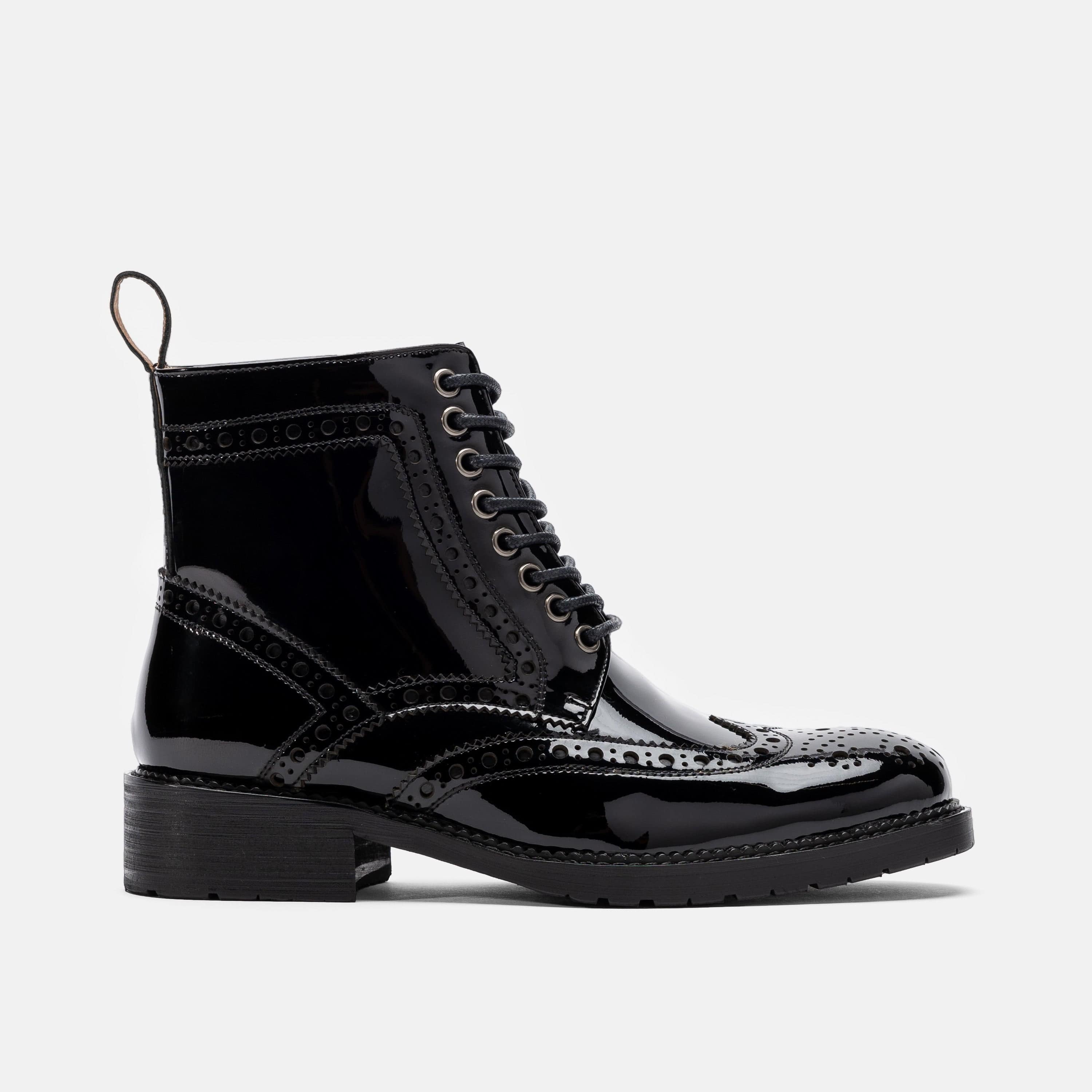 Ms. Belmont Black Patent Leather Wingtip Boots