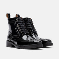 Ms. Belmont Black Patent Leather Wingtip Combat Boots