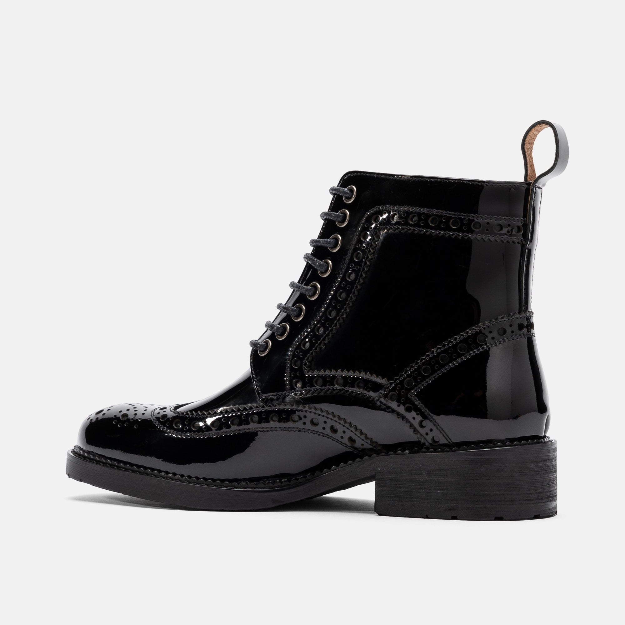 Ms. Belmont Black Patent Leather Wingtip Combat Boots