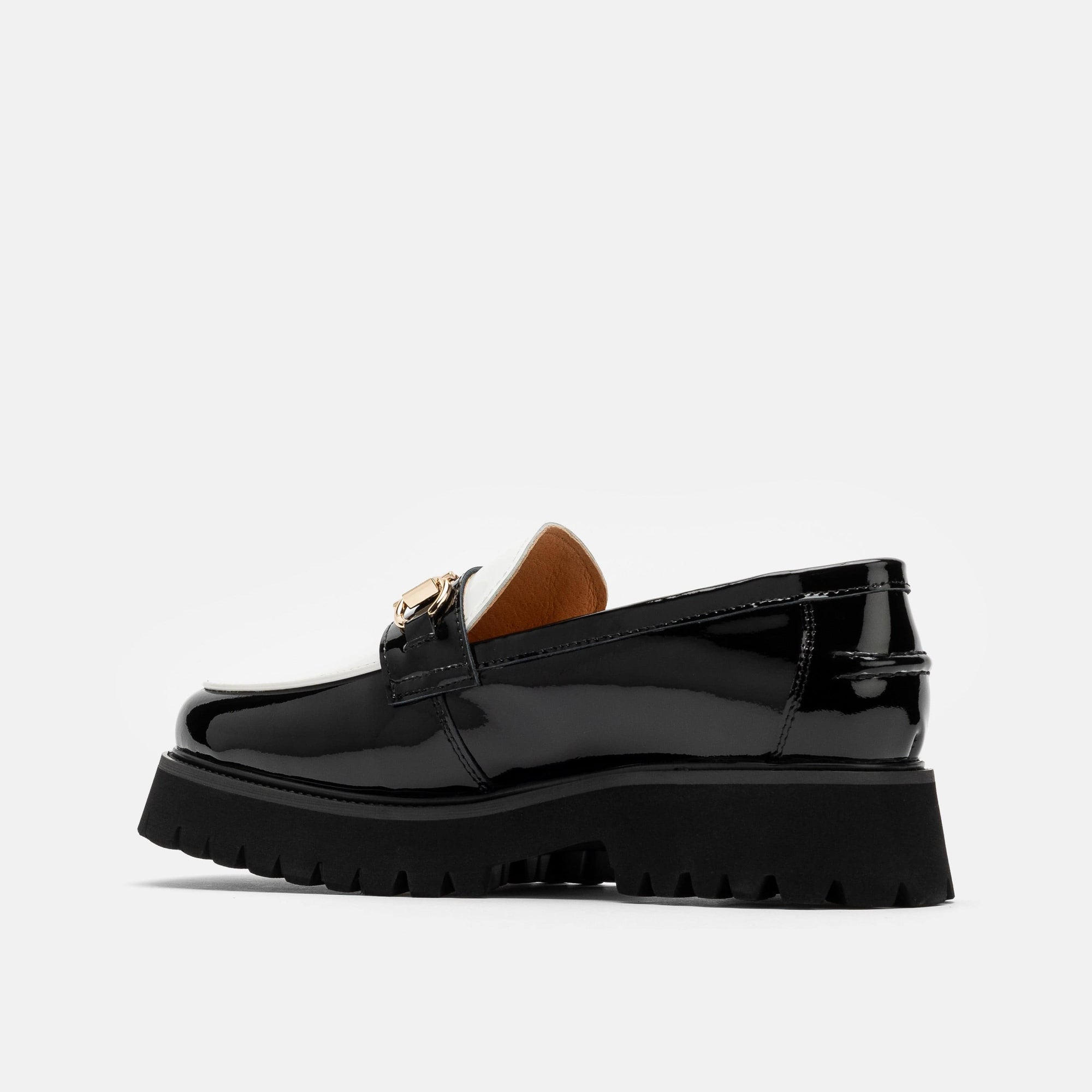 Ms. Boulevard Black/White Patent Leather Bit Loafers