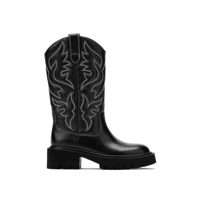 Daisy Black Leather Lug Cowgirl Boots