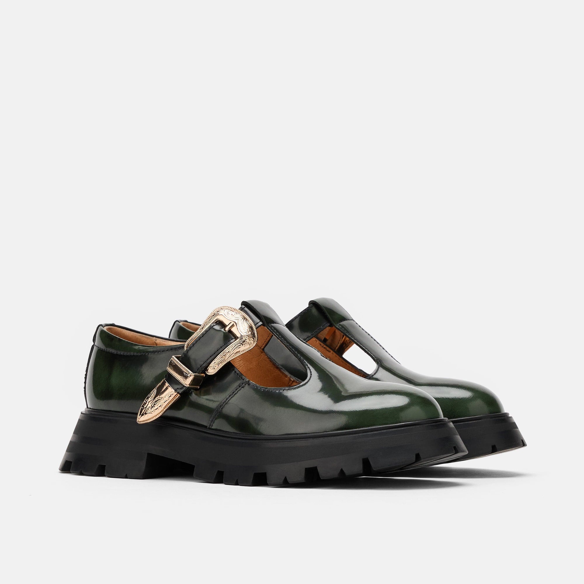 Charli Dark Green Patent Leather Lug Mary Janes