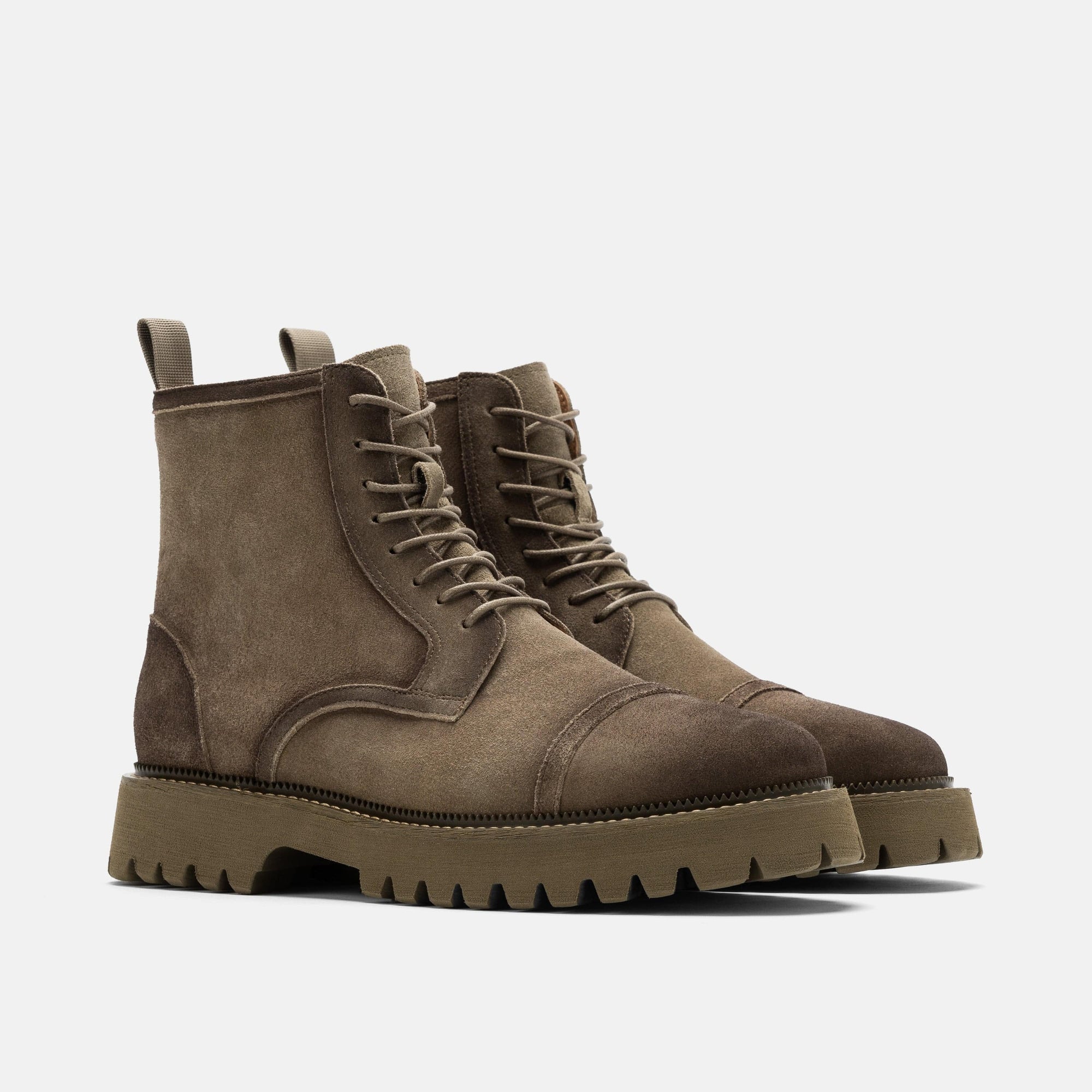 Hudson Green Olive Suede Lug Cap Toe Boots