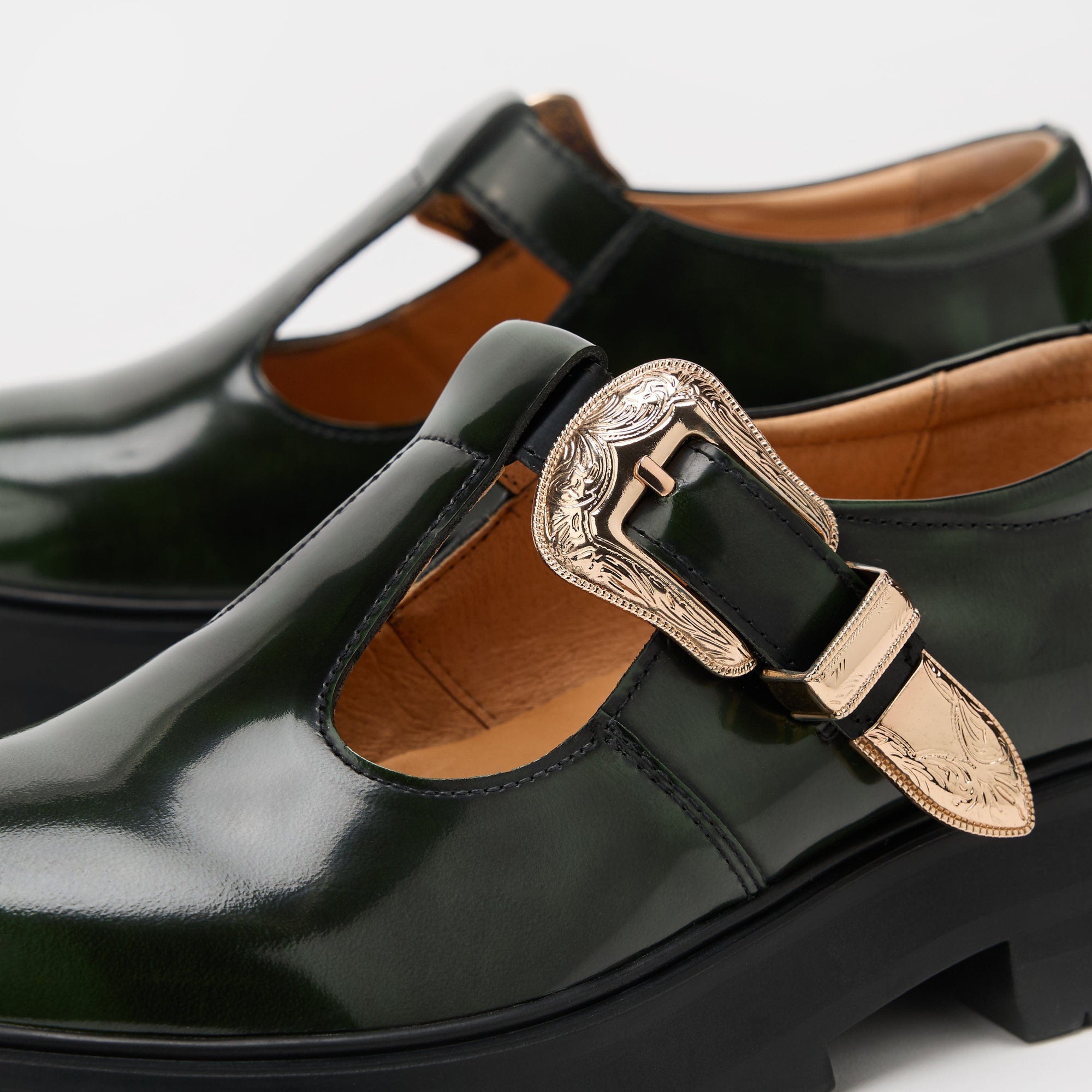 Charli Dark Green Patent Leather Lug Mary Janes