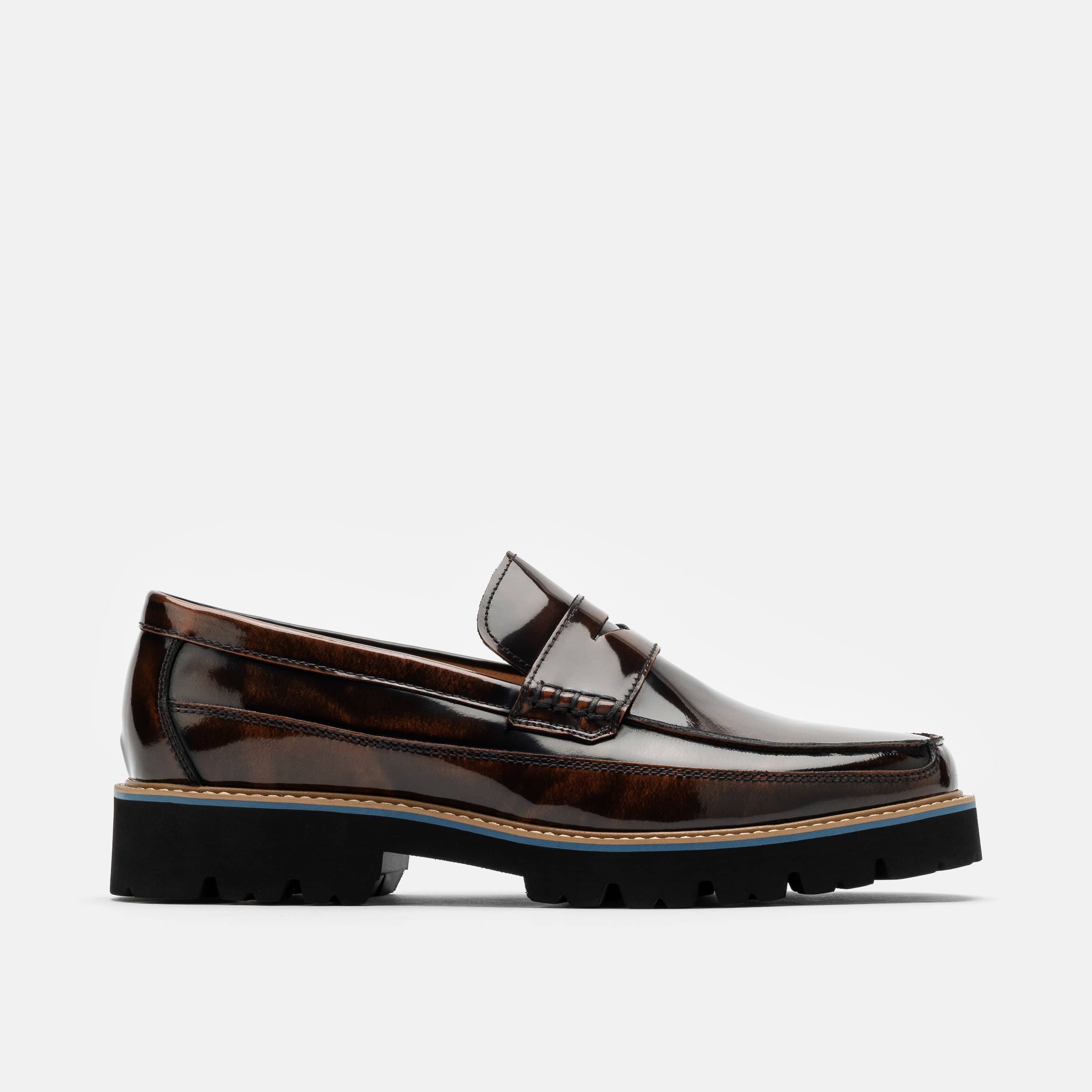 Adler Mahogany Patent Leather Lug Penny Loafers