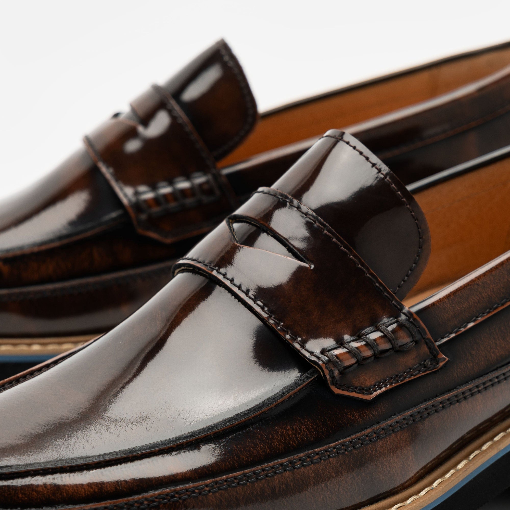 Adler Mahogany Patent Leather Lug Penny Loafers