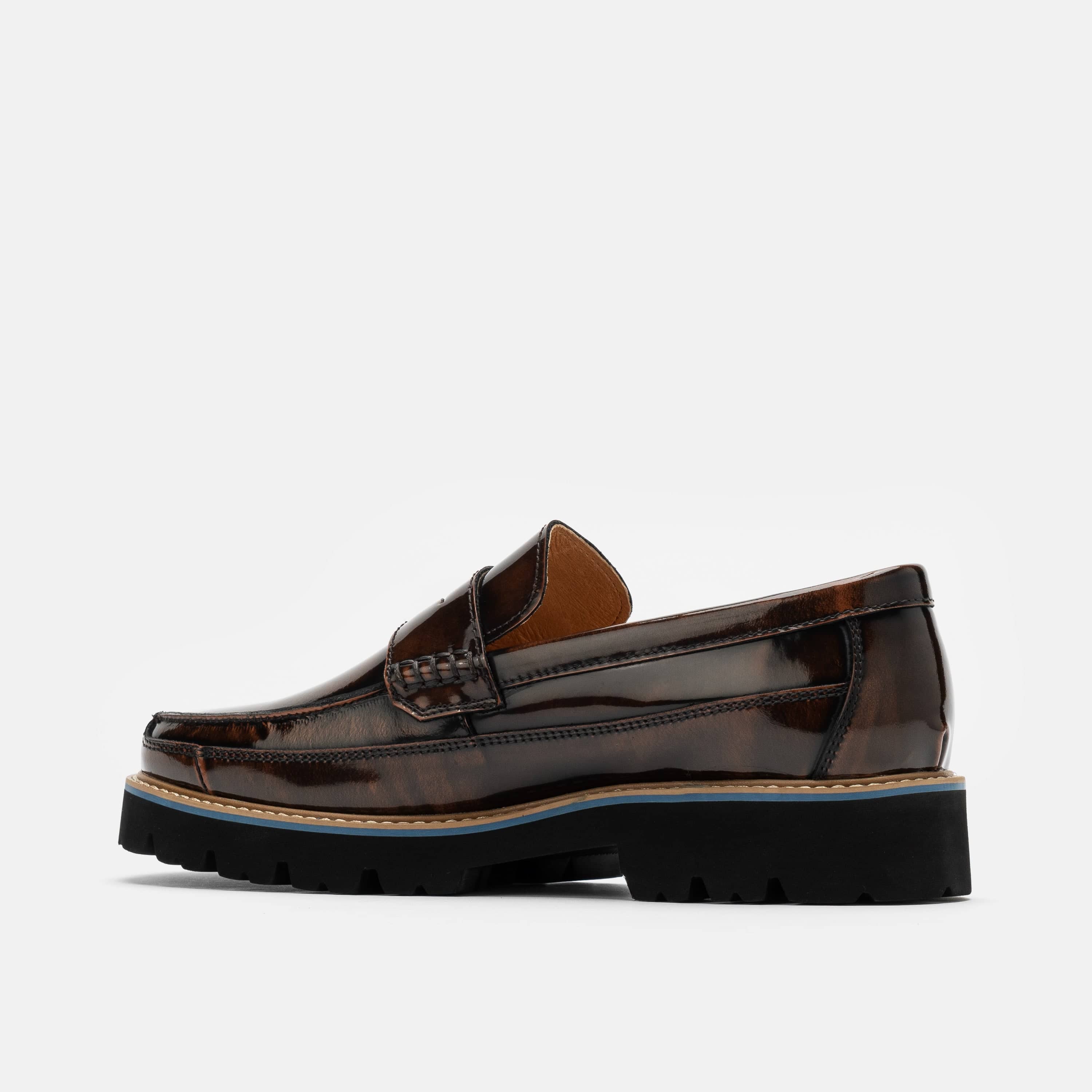 Adler Mahogany Patent Leather Lug Penny Loafers