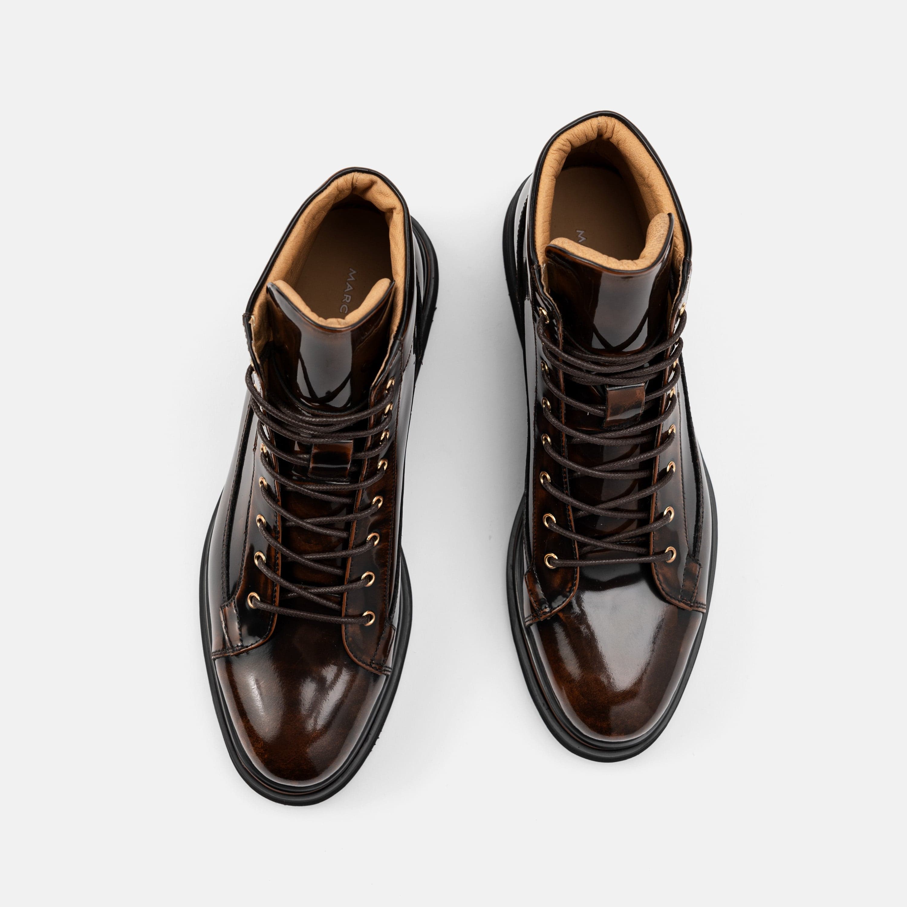 Aiden Mahogany Patent Leather Combat Boots