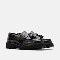 Ms. Journey Black Croc Leather Lug Tassel Loafer