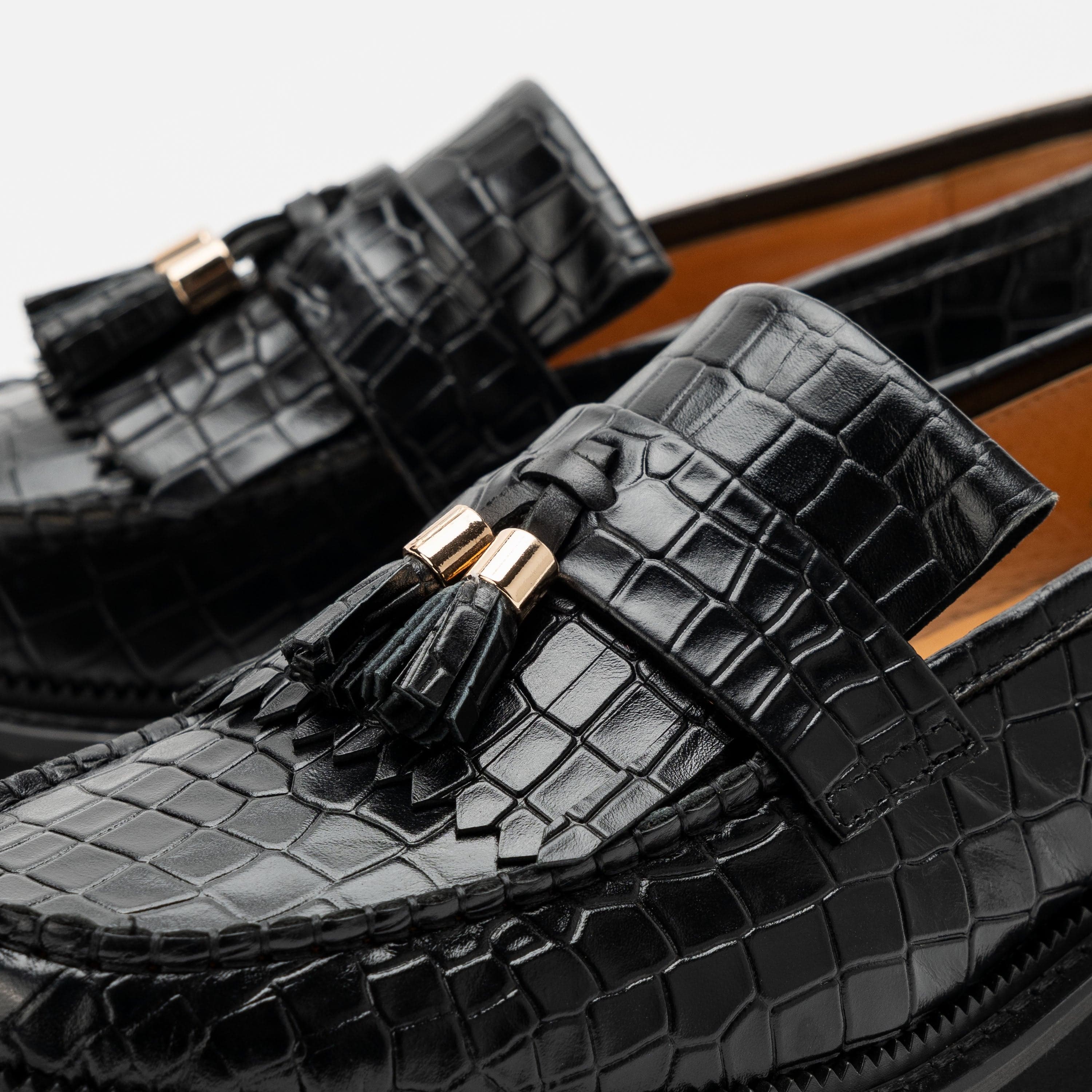 Ms. Journey Black Croc Leather Lug Tassel Loafer