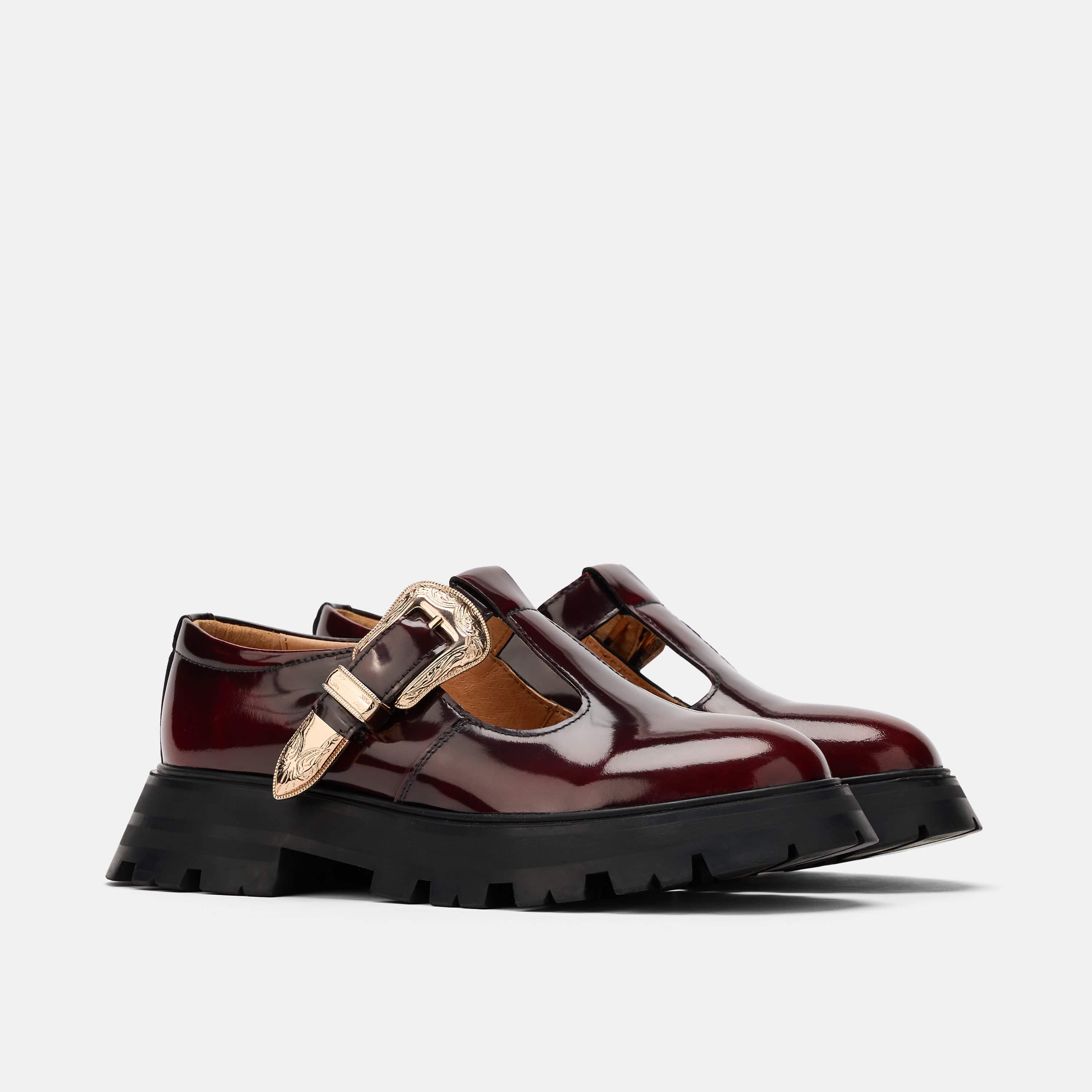 Charli Wine Patent Leather Lug Mary Janes