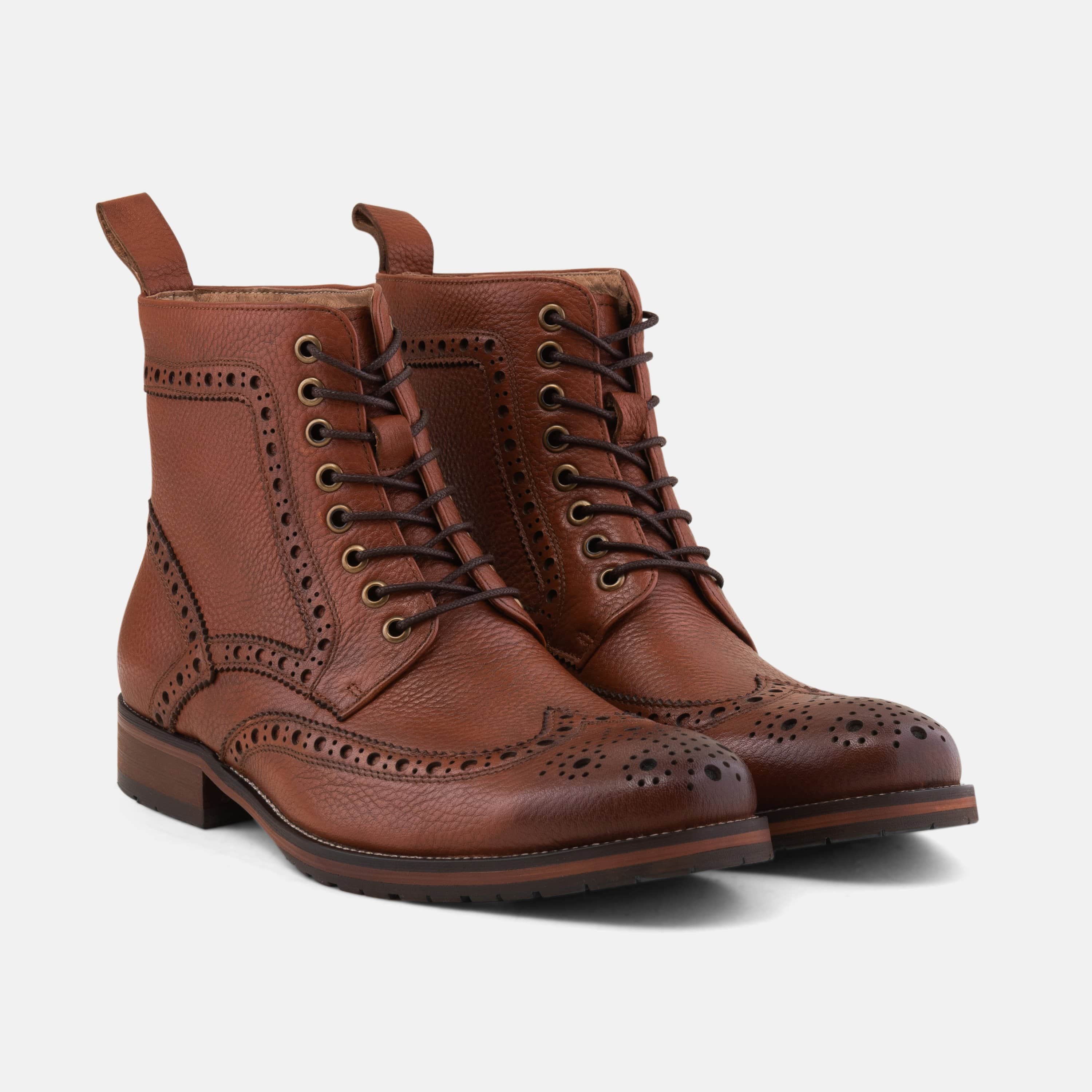 Belmont Cognac Leather Wingtip Combat Boots