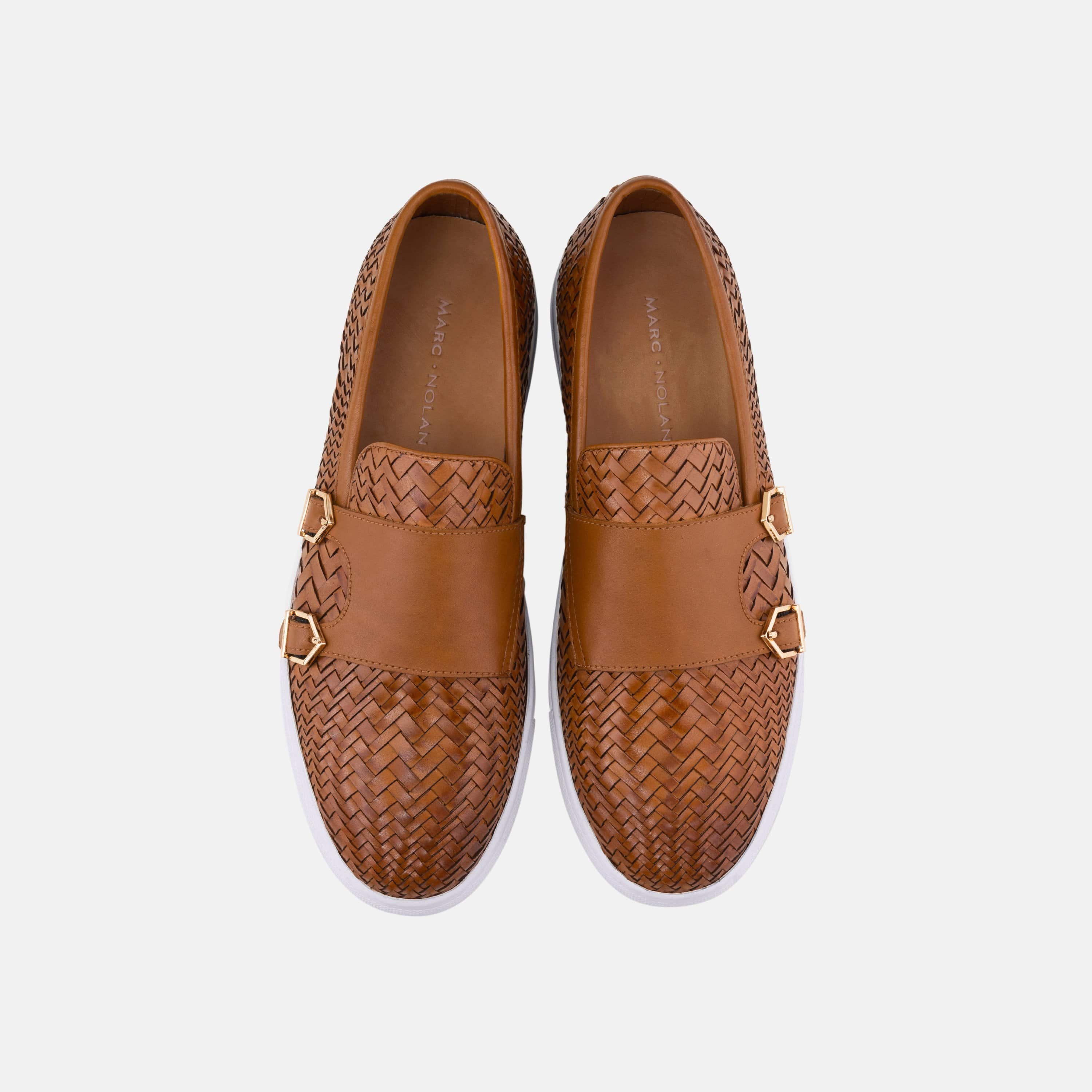 Kyler Cognac Woven Leather Monk Strap Sneakers