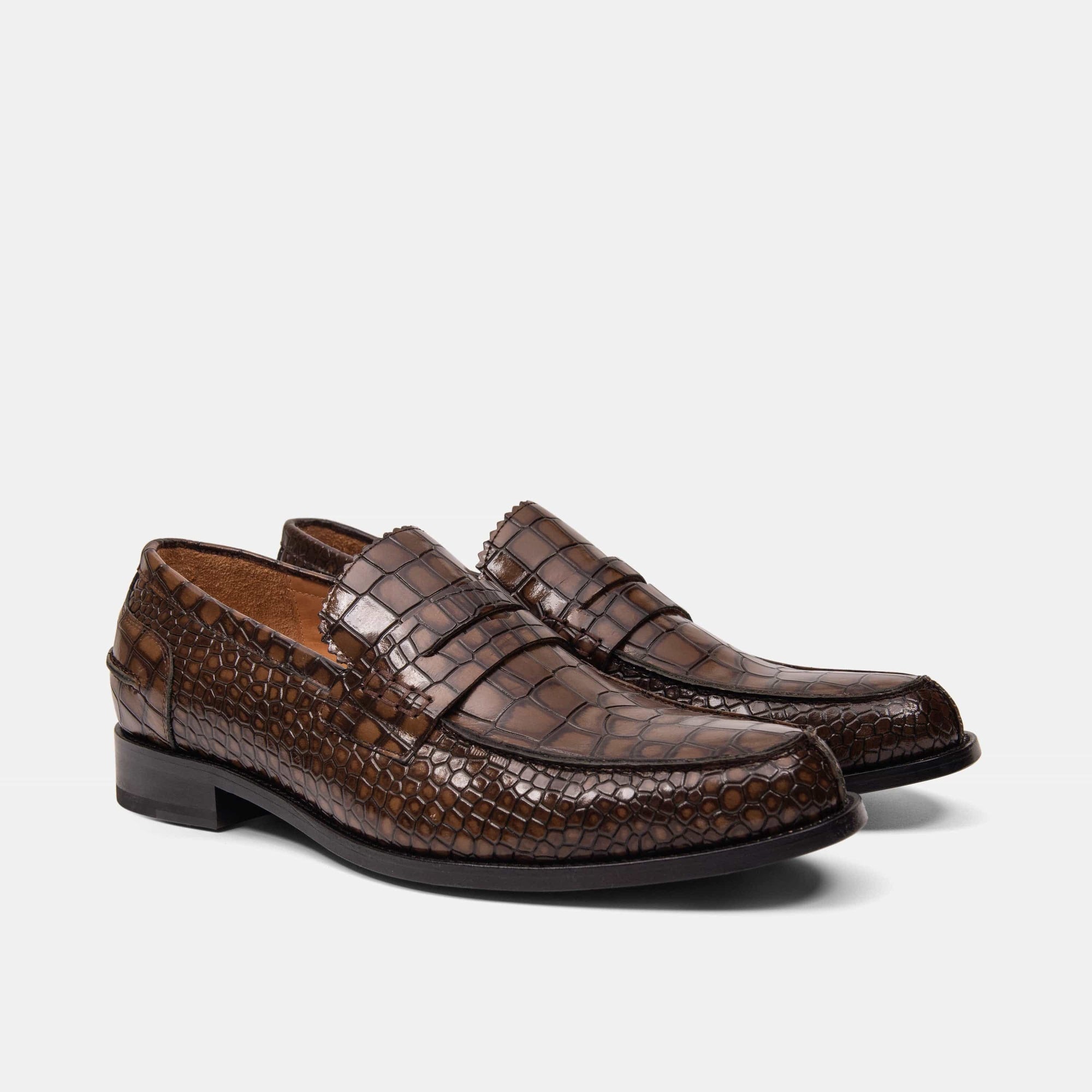 Abe Brown Crocskin Leather Penny Loafers -