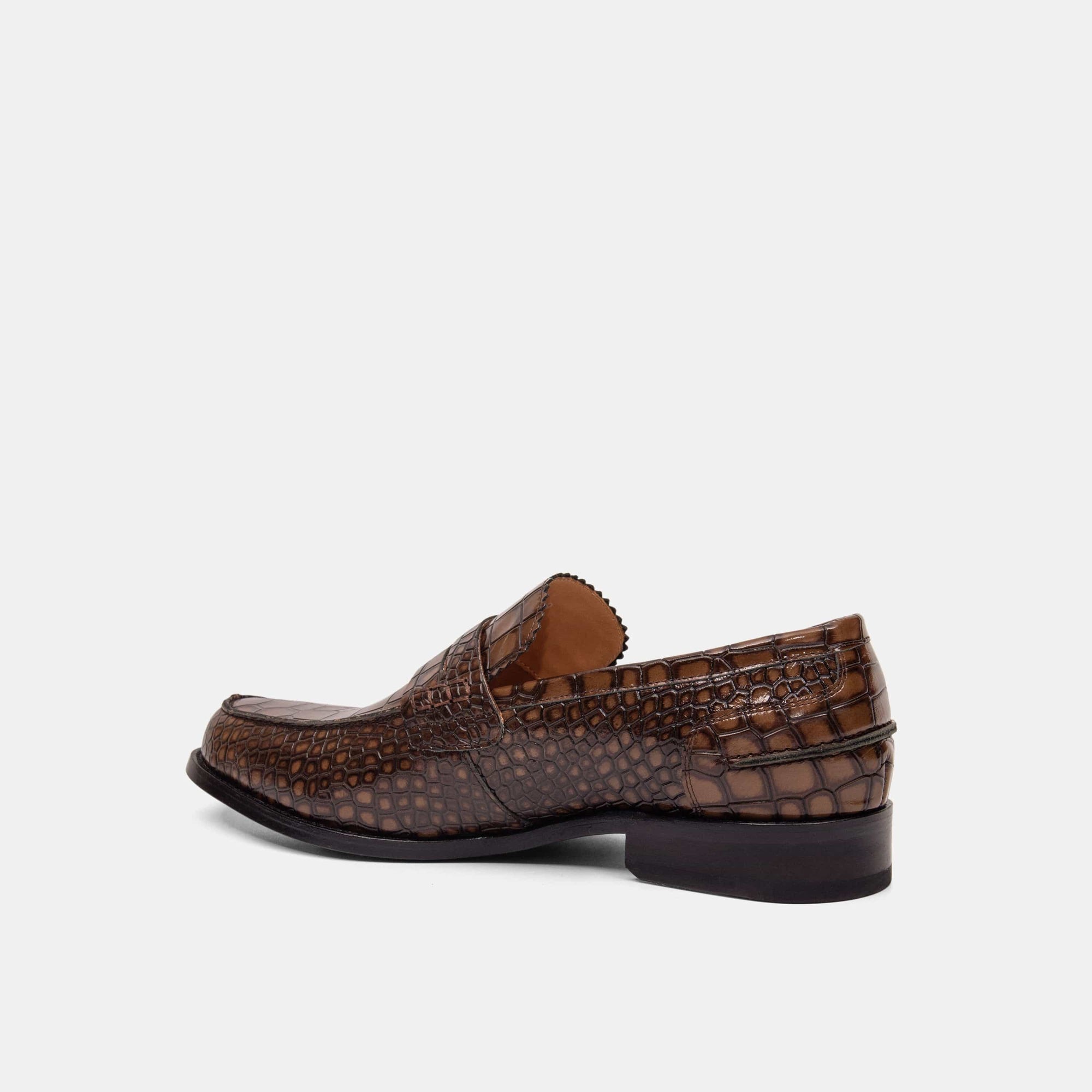 Abe Brown Crocskin Leather Penny Loafers