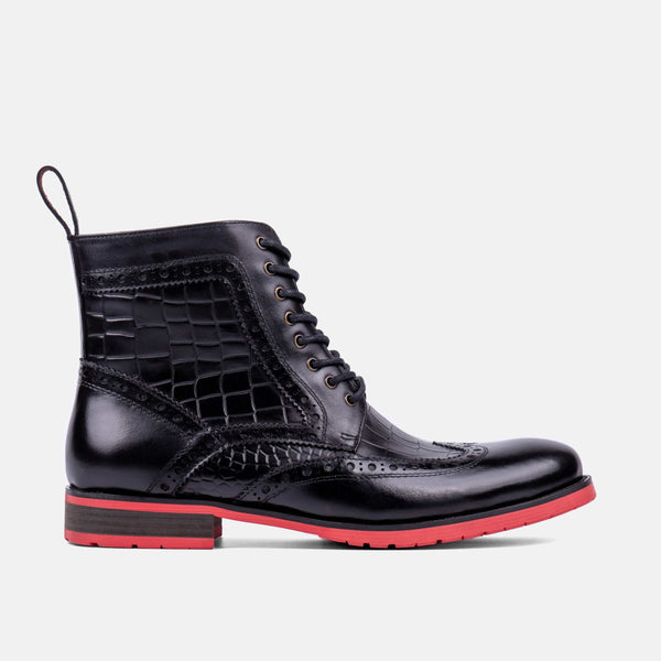 Belmont Black Crocskin Leather Wingtip Combat Boots display picture 2