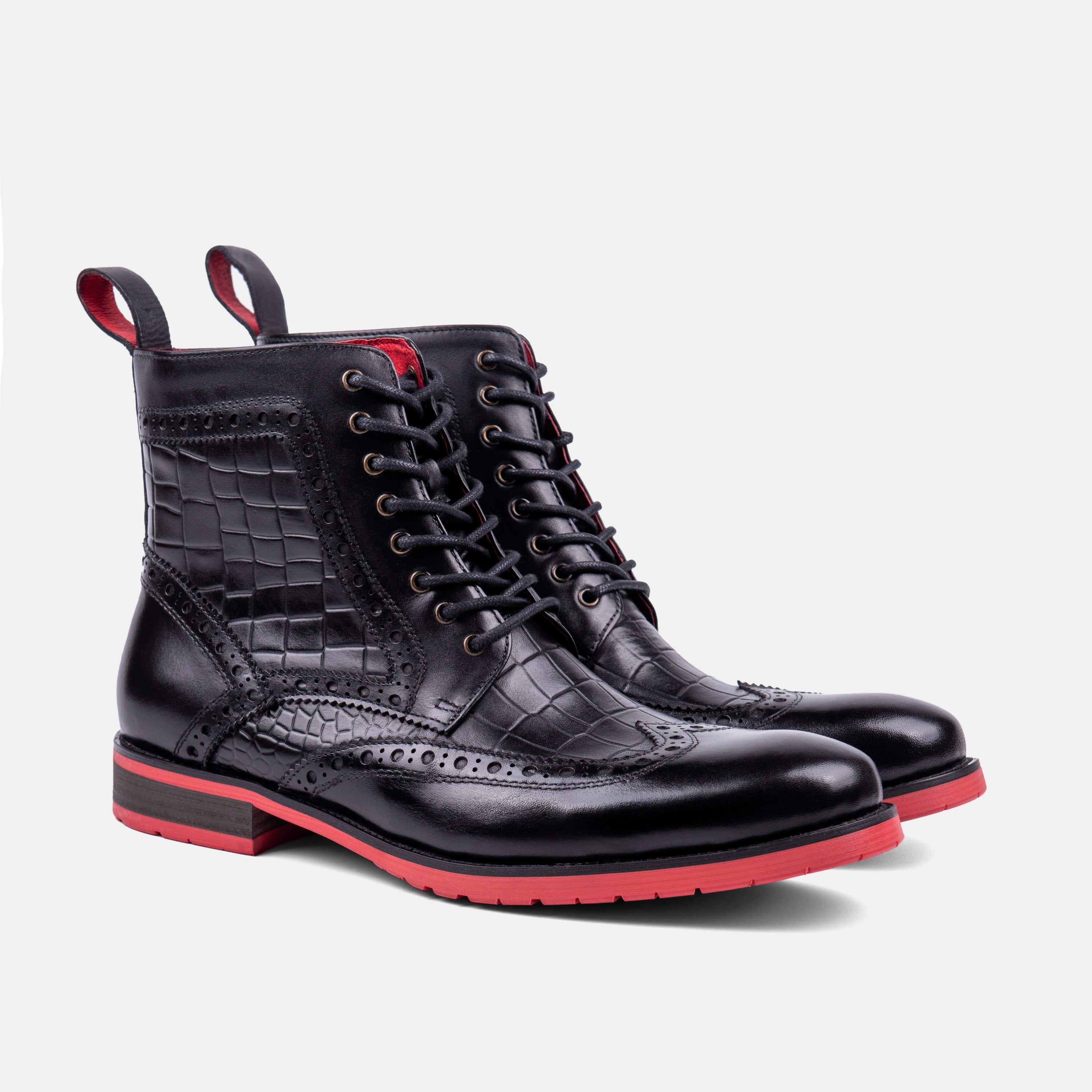 Belmont Black Crocskin Leather Wingtip Combat Boots