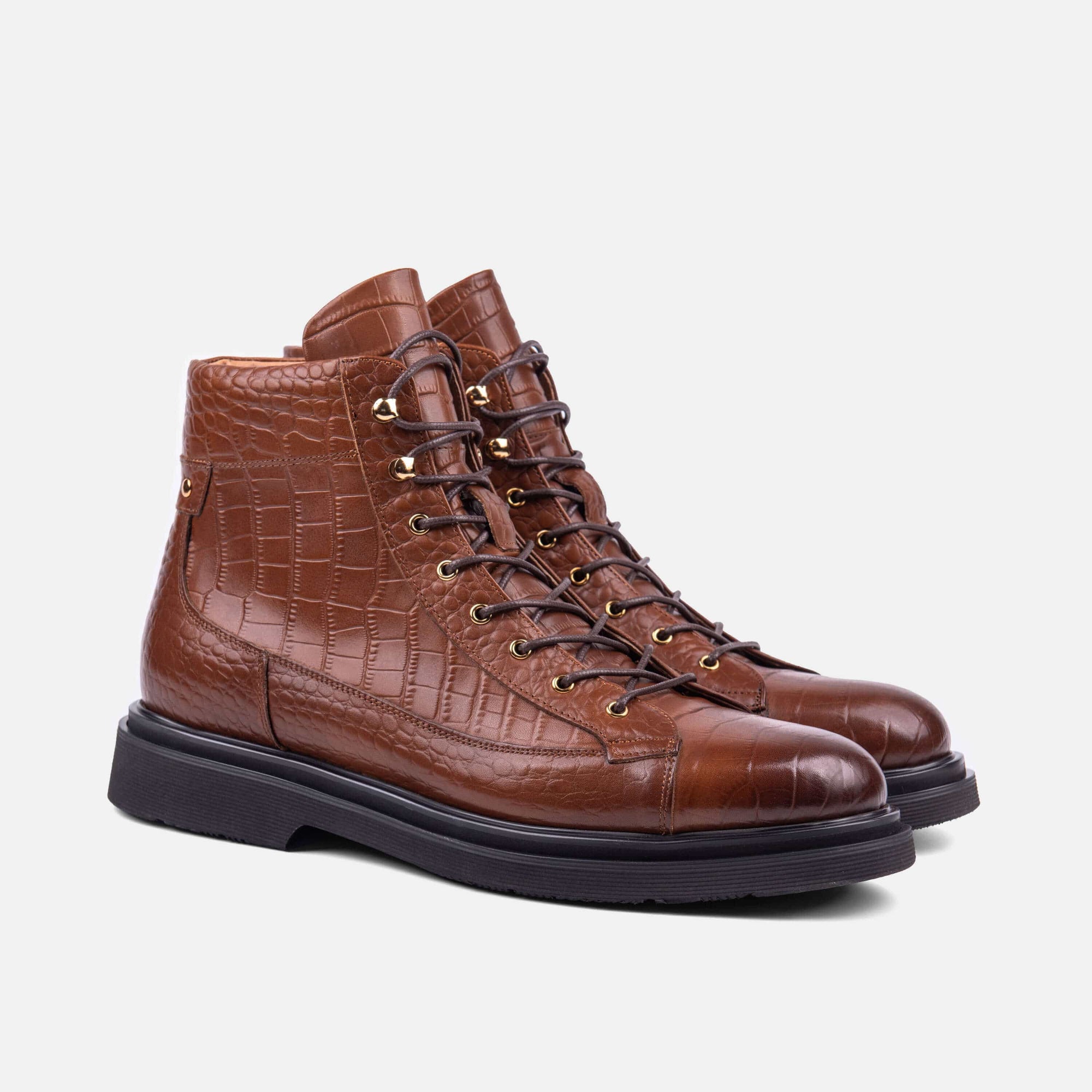 Aiden Brown Crocskin Leather Combat Boots