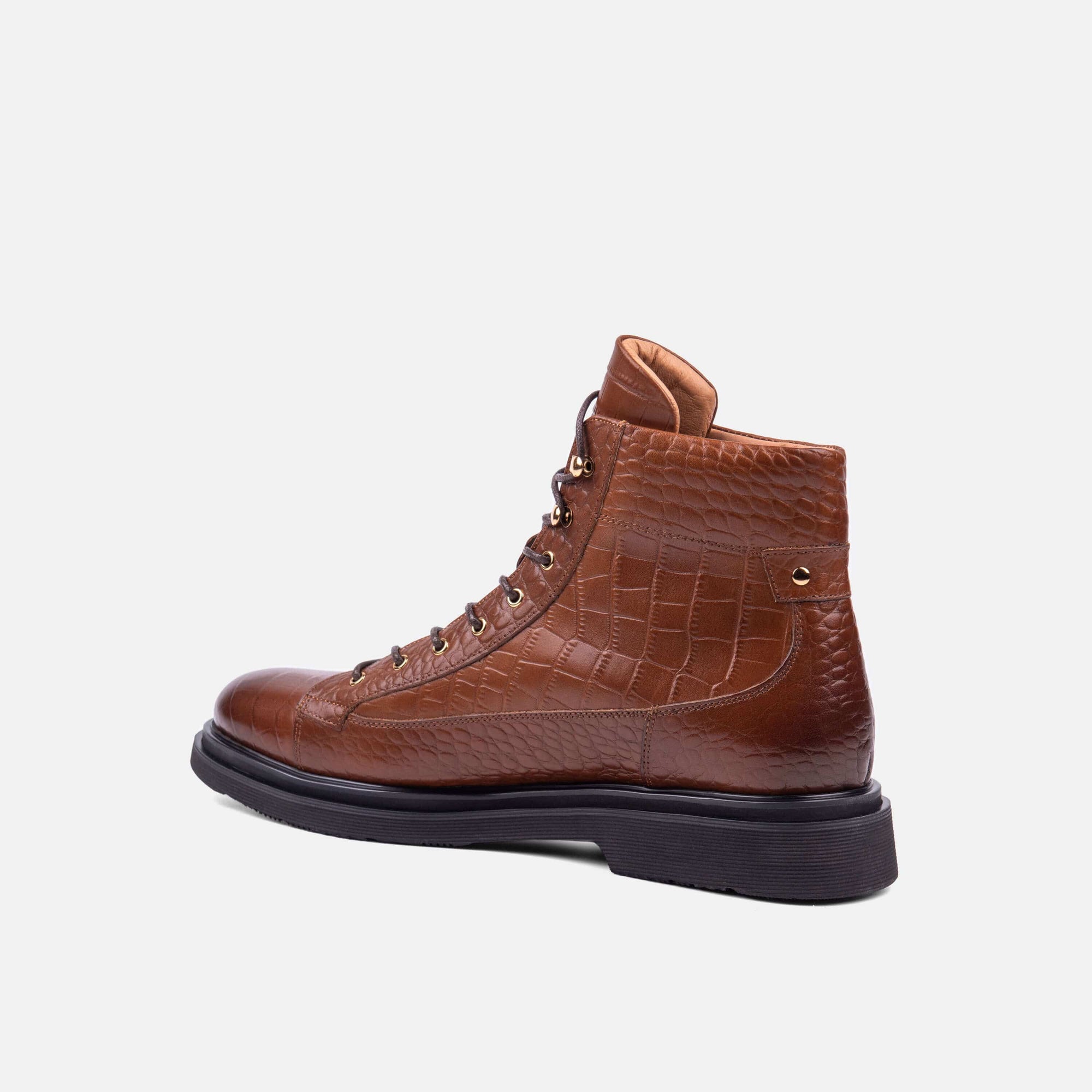 Aiden Brown Crocskin Leather Combat Boots
