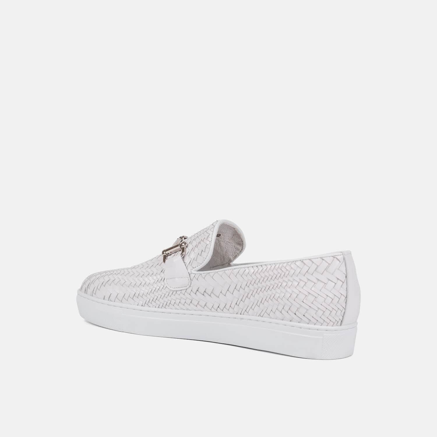 Boardwalk White Woven Leather Horse-Bit Sneakers